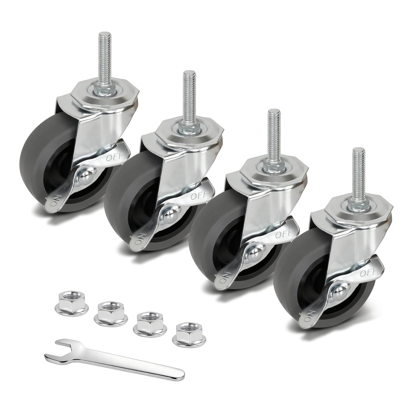 AAGUT Caster Wheels, 3 Inch Rubber Heavy Duty 3/8"-16 x1-1/2 Threaded Stem Industrial Castors, Locking Brakes Metal Swivel Wheel, Replacement for Carts Furniture Dolly Workbench Trolley,Set of 4