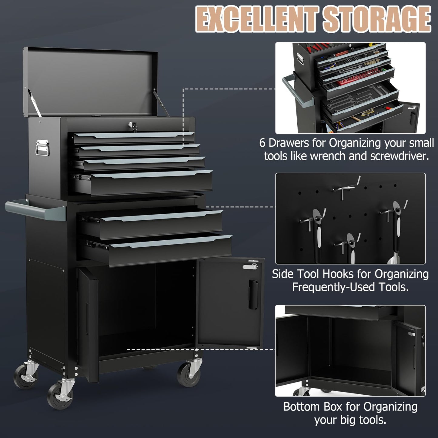ERGOMASTER Large Rolling Tool-Chest with 6 Drawers Heavy Duty Tool-Cabinet on Wheels Lockable and Lock System for Garage Workshop(28 x 13 x 44”-Black)