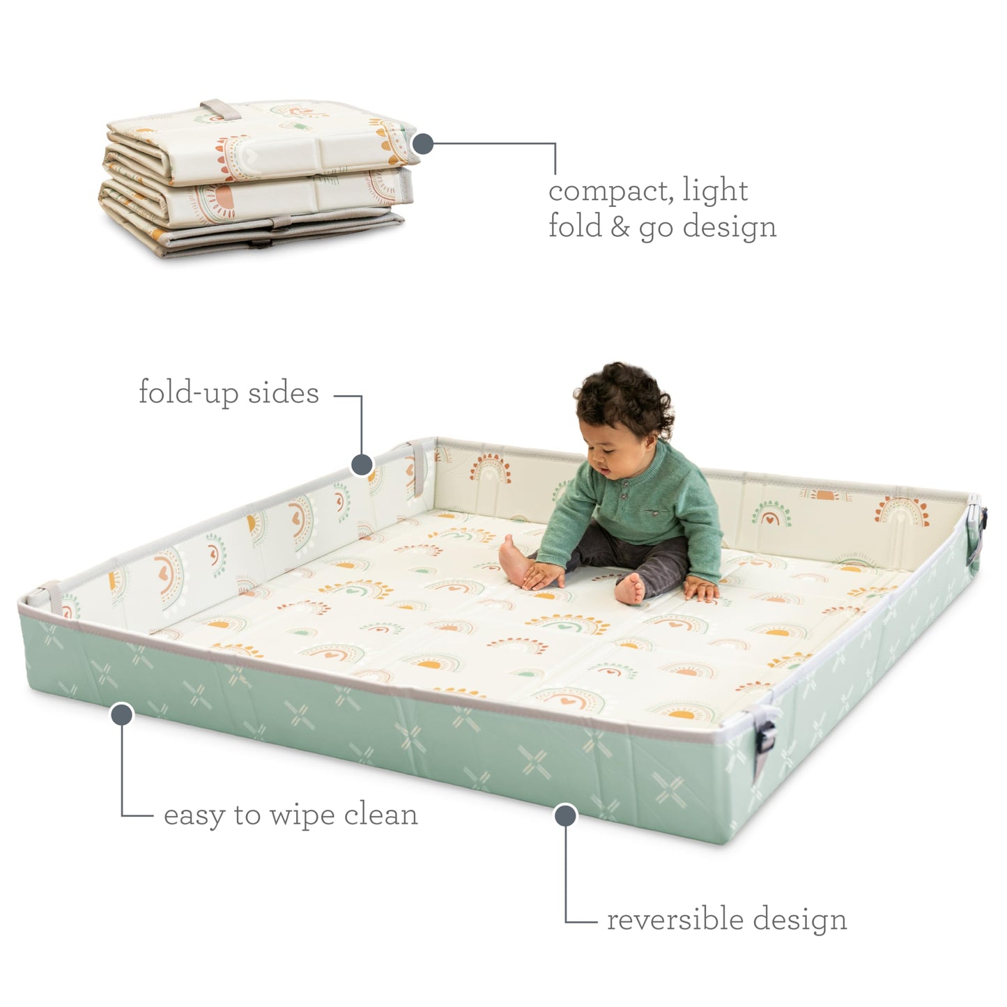 Infantino Foldable Soft Foam Play Mat, Reversible 57x57” Baby Mat for Floor Time, Lightweight, Portable & Easy to Store, Water Resistant, Wipeable, Rainbows