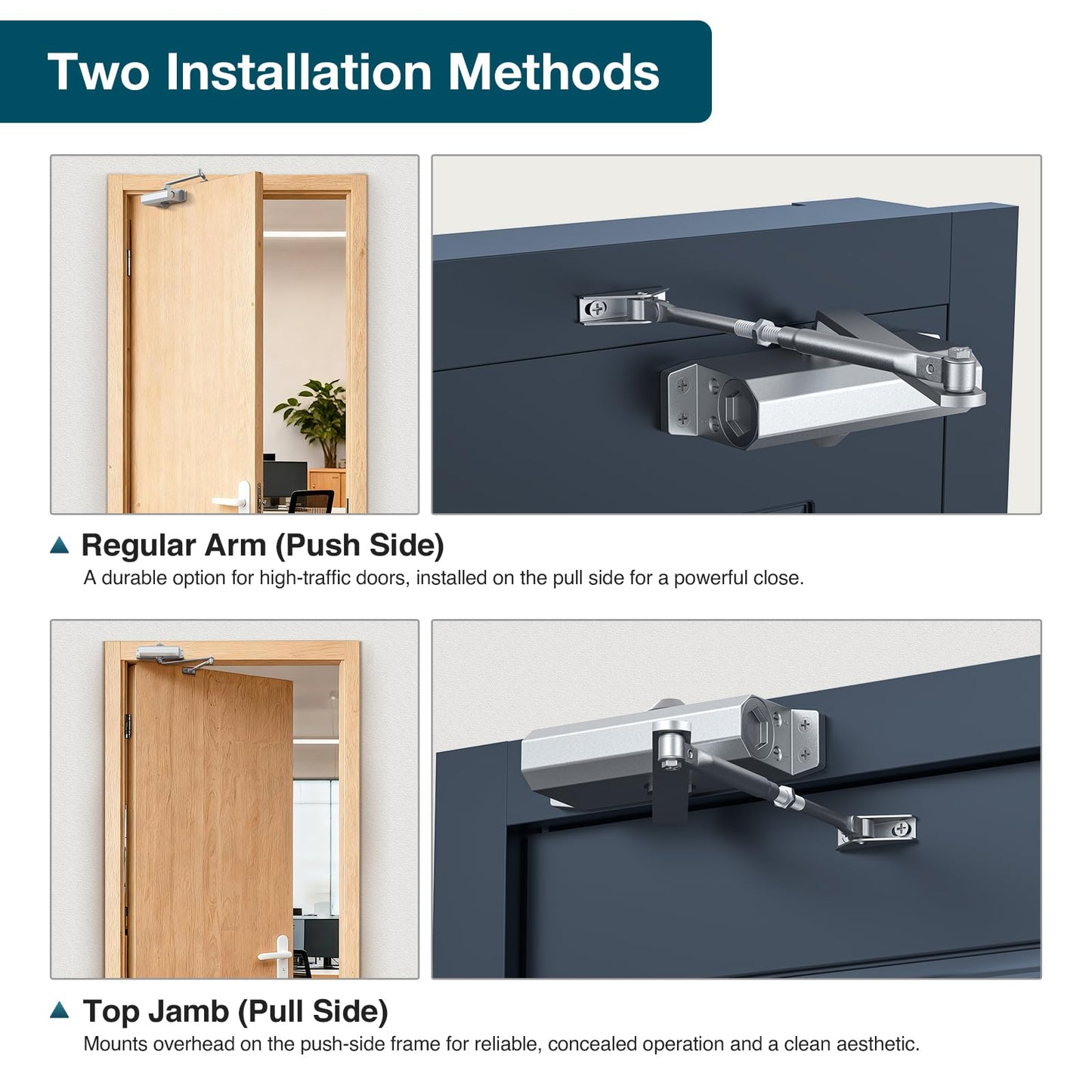 Calzibeno Automatic Door Closer, Door Closer for Home & Light Commercial Use, Adjustable Closing Speed for 132-187lbs, Soft Close, Hydraulic Door Spring, Sliver-Large