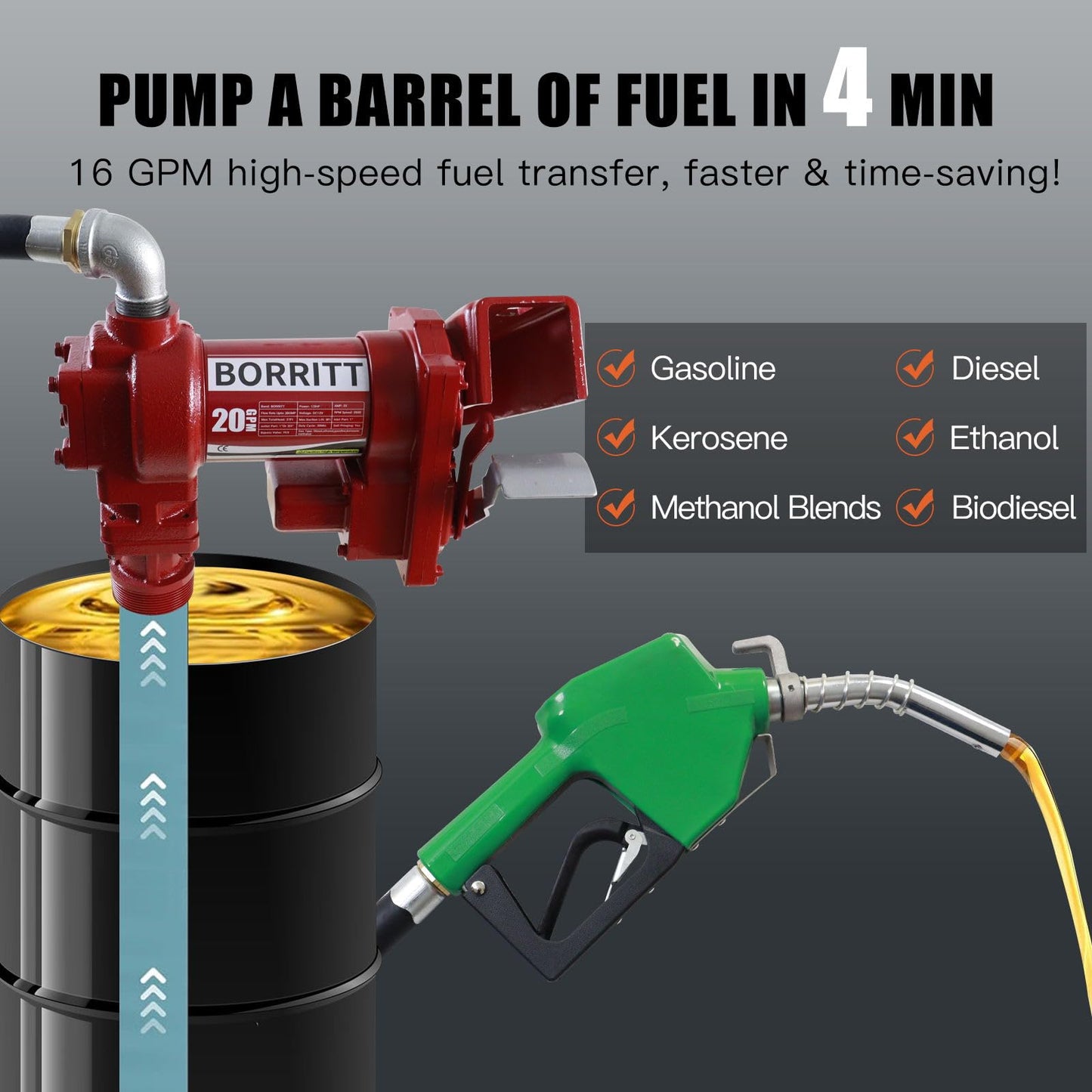 BORRITT Fuel Transfer Pump 12 Volt 20 GPM High Flow,w/Automatic Nozzle Green,DC Fuel Pump,Cast Iron Gas Heavy Duty Transfer Pump for Gasoline,Diesel, Kerosene,Ethanol Blends,Methanol Blends,Biodiesel