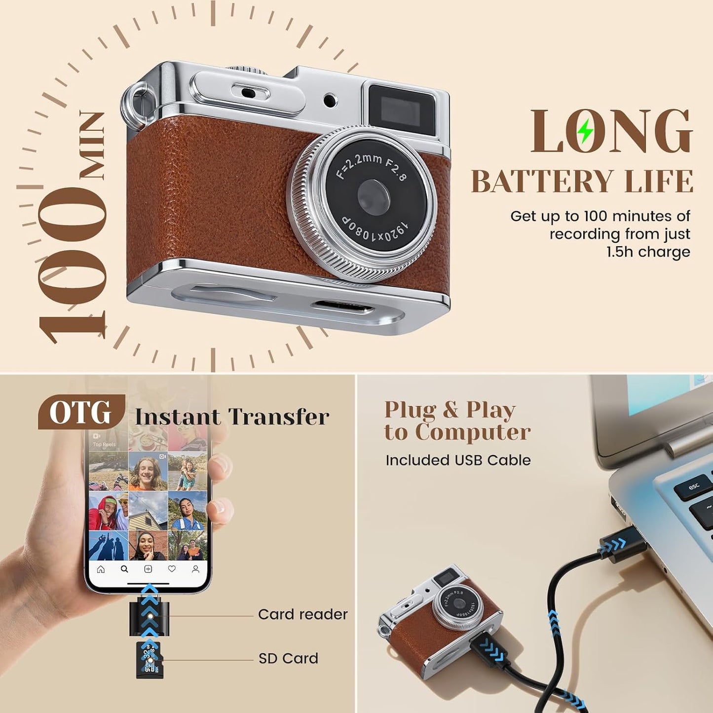 Tawd 1080P 32GB 0.96" Mini Keychain Camera - HD Retro Digital Camera, Compact with SD Card, HD Display, Portable Pocket