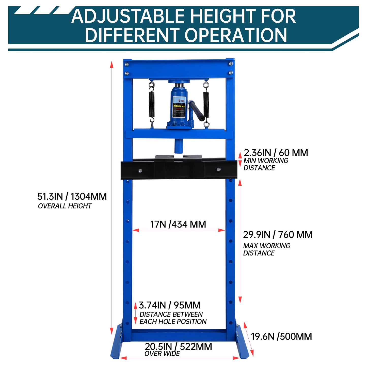 Garvee 12T Hydraulic Press, H-Frame Hydraulic Shop Press with 2 Press Plates, Heavy Duty Garage Floor Shop Press with Adjustable Work Table Height for U-Joints, Blue
