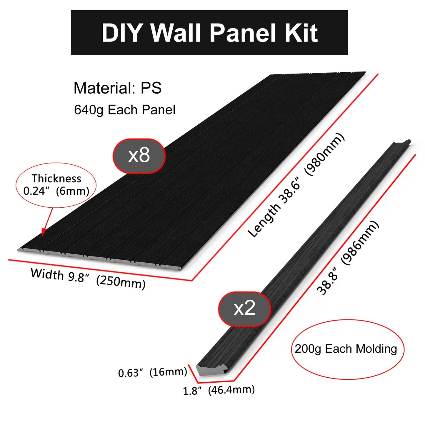 RODENET Wall Wainscoting Panel Kit,8-Pack 38.6"x9.8"(98x25cm) Slat Panels with 2-Pack Molding Trims,Beadboard Board and Batten Panels,DIY Wall Panel Kit - Cover 21.6 Sq.Ft (Black)