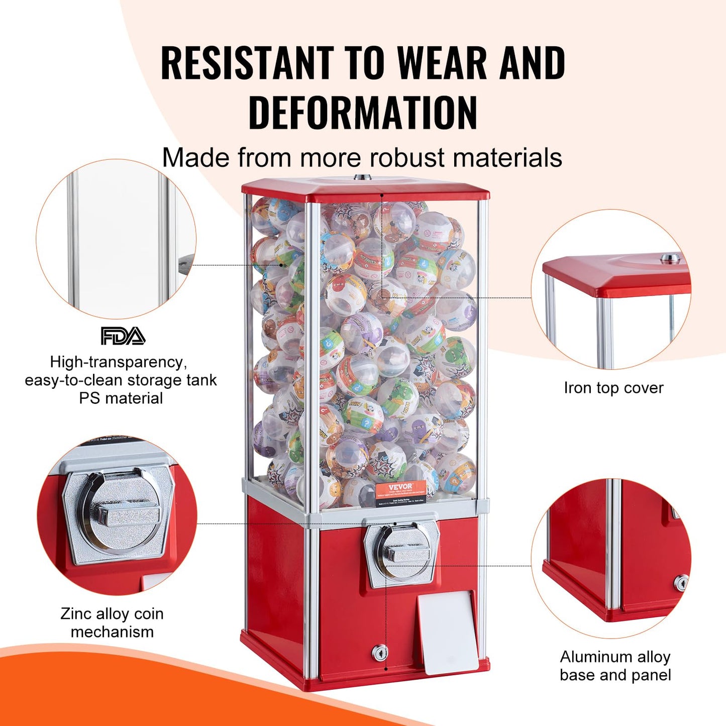 VEVOR Gumball Machine for Kids, 25" Height Home Vending Machine, PS Bouncy Balls Dispenser, Hold 230 Capsule Toys, Rectangle Bubble Gum Machine for Game Stores, Coin Operated Gumball Bank, Red