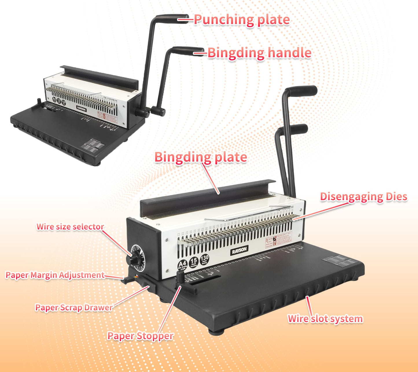 Rayson TD-1500B34 Binding Machine, Square Size Holes, 3:1 Pitch Wire-O Binder Punch 15 Sheets/Bind 130 Sheets with Sturdy Metal Construction