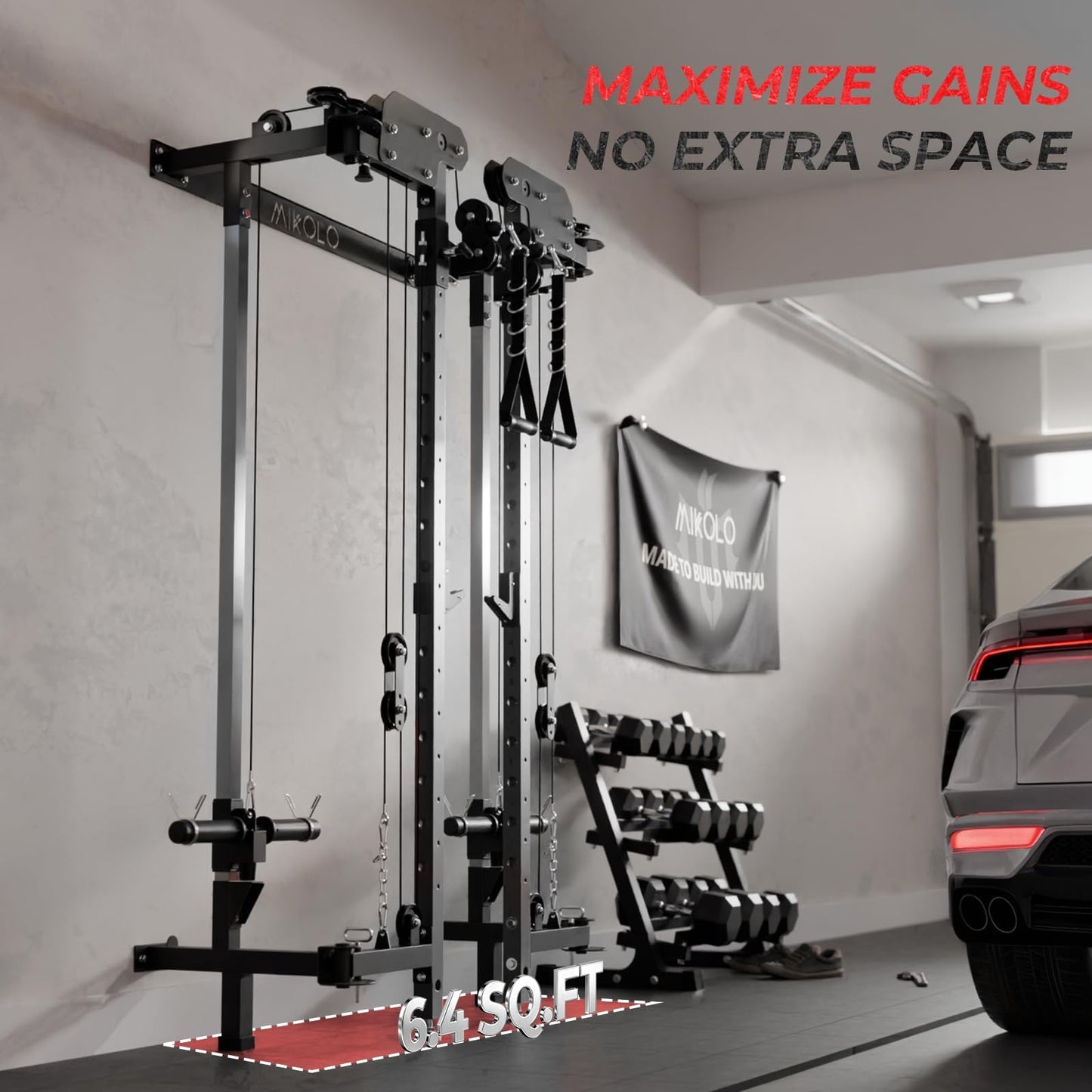 Mikolo Folding Squat Rack, Wall Mounted Power Rack with Cable Crossover Machine & LAT Pull Down, Functional Trainer with 5 Adjustable Function Modes, No Function Interference (Black)