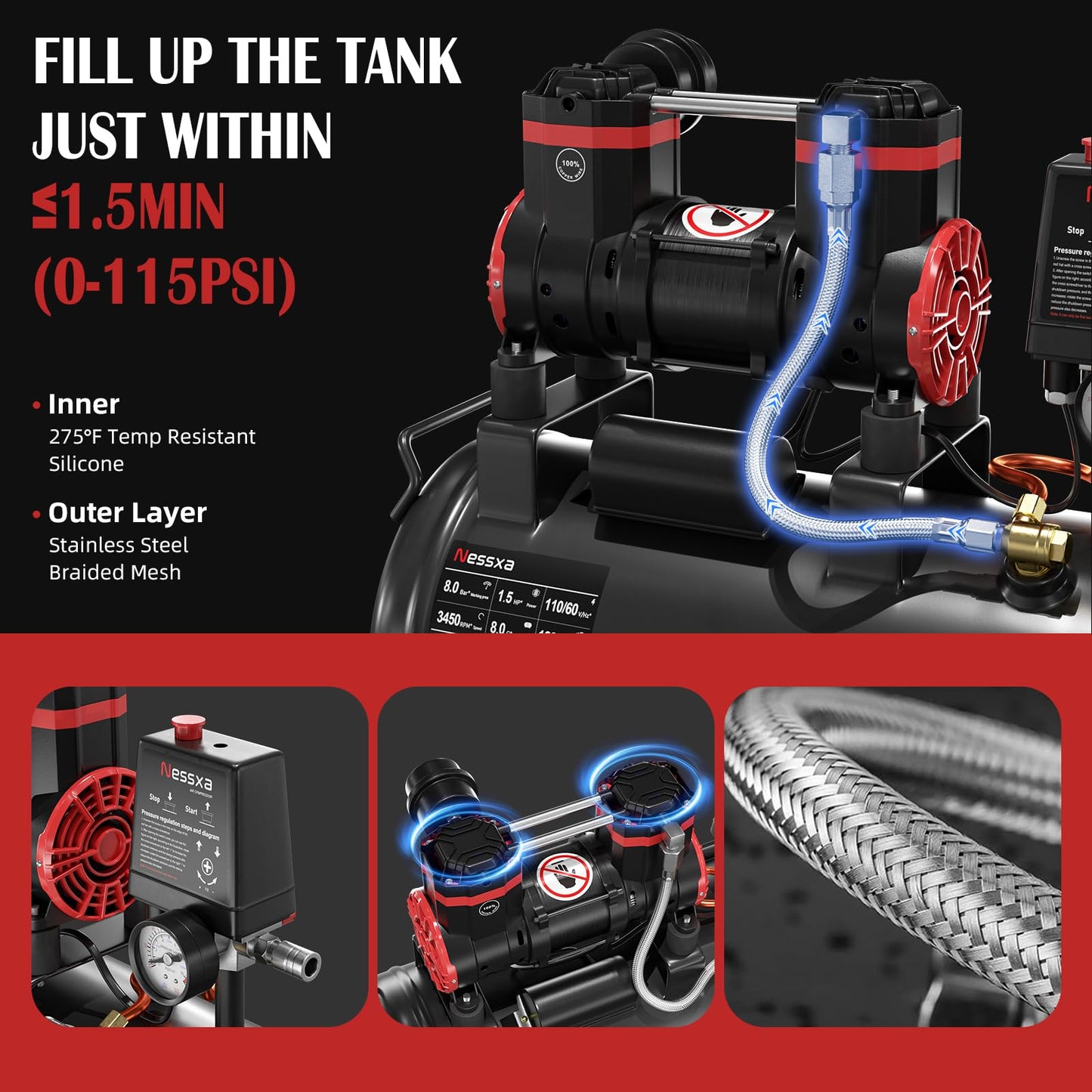 8 Gallon Ultra Quiet Air Compressor, 1.5HP 4.52 CFM, Max 115 PSI Oil-Free Air Compressor Tank for Car Repair, Spray Painting, Woodwork Nailing, 110V/60hz, 70dB