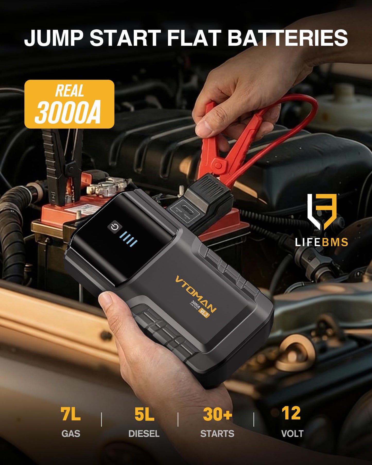 VTOMAN VL3 Jump Starter Upgraded with LiFePO4 Battery, 3000A Portable Car Battery Booster for Up to 7.0L Gas and 5.0L Diesel Engines, 12V Jump Box with LED Flashlight, Jumper Cable, Storage Bag