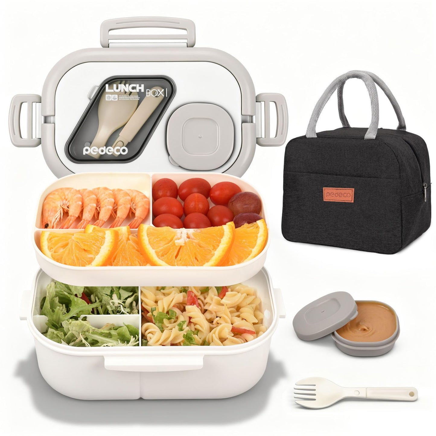 PEDECO All-in-one Bento Lunch Box Set for Adults & Kids with Insulated Bag, Leakproof 3-Compartment and 2-Tier Stackable Container with Portable Sauce Pod, Microwave/Dishwasher Safe, BPA-Free (White)