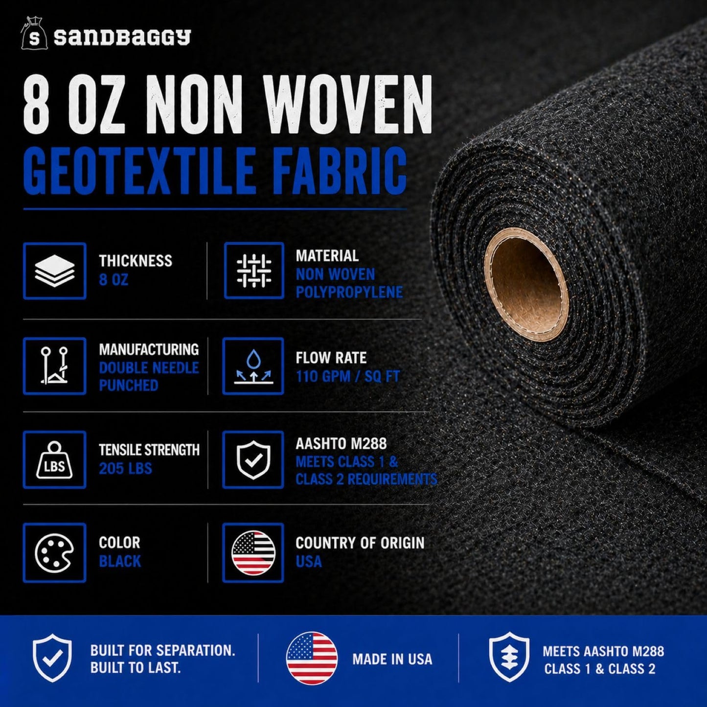 Soil Separation Fabric | Non-Woven Geotextile Filter Fabric (8 oz) – Drainage & Filter Barrier Fabric for French Drains & Trenches | USA Made - Sandbaggy (10 ft x 50 ft Roll)