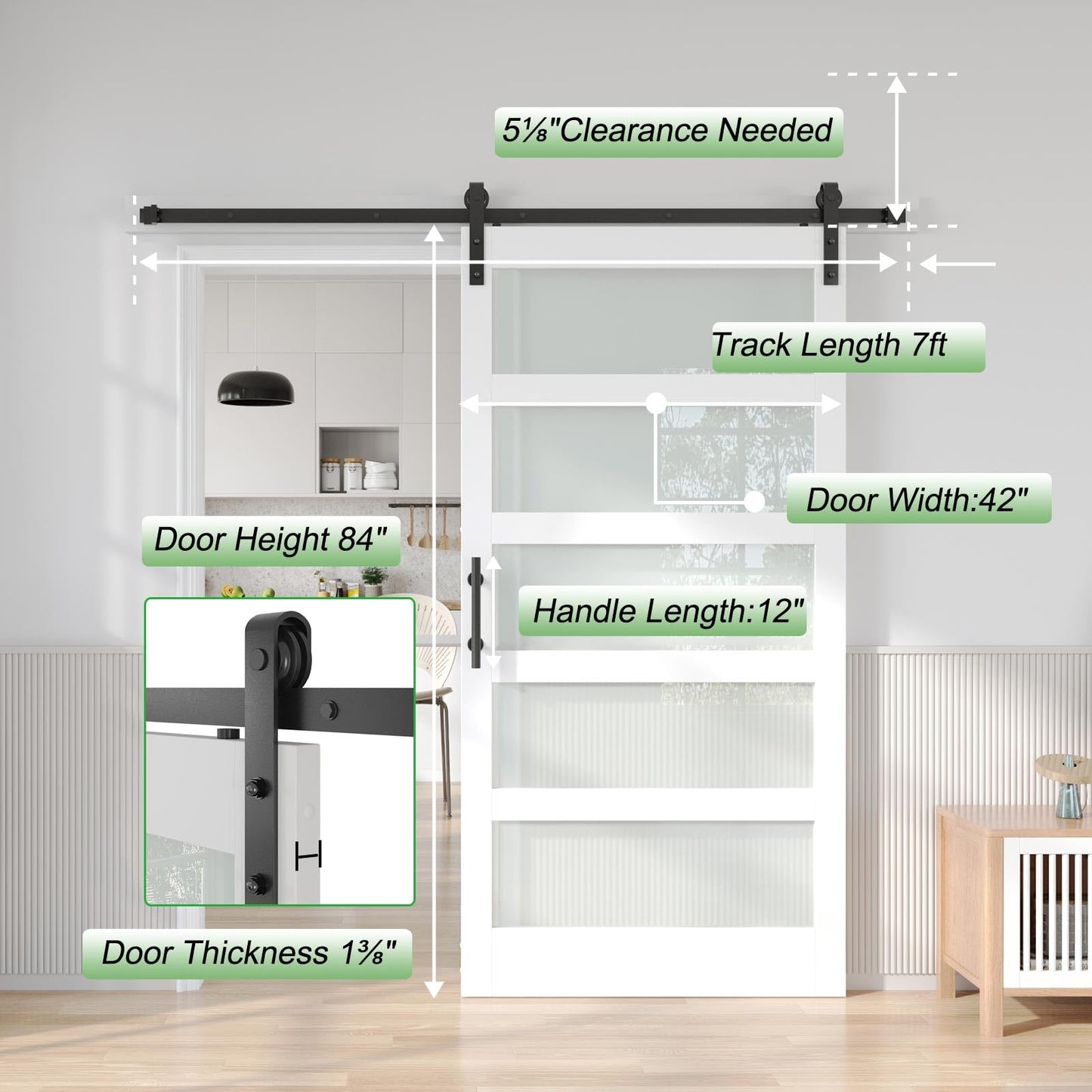 Fredbeck 42in x 84in White Glass Barn Door with 7FT 84inch Sliding Doors Hardware Kit Included & Handle,PVC Surface,Need to Assembly,Water-Proof