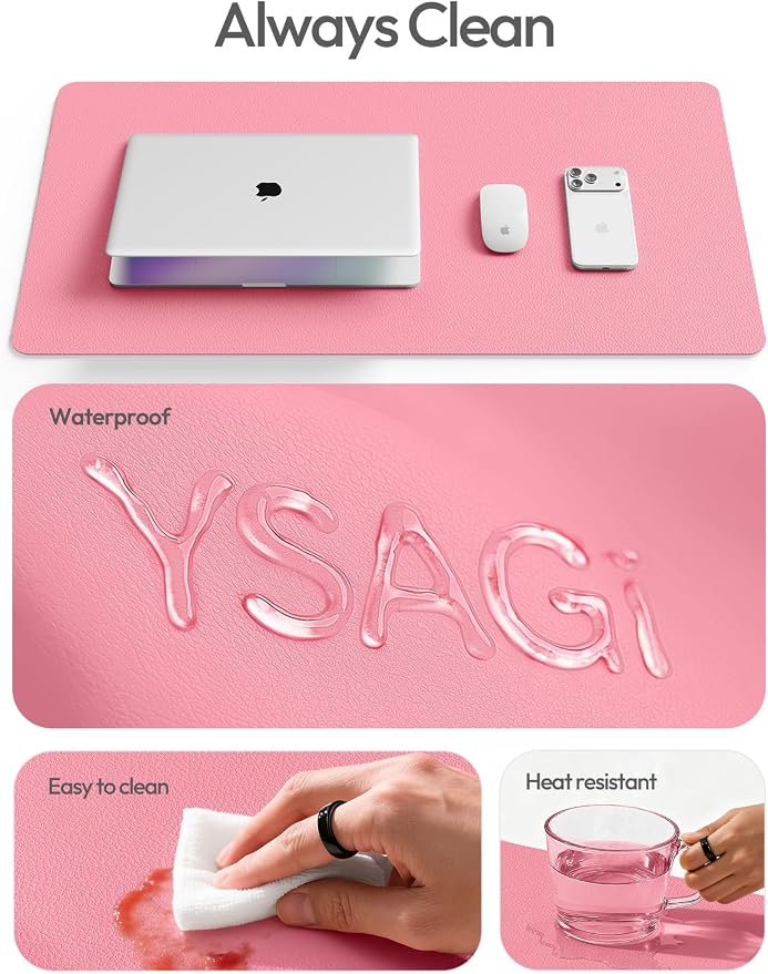 YSAGi Leather Desk Protector, Office Mat, Large Mouse Mat, Non-Slip PU Leather Blotter, Laptop Desk, Waterproof Writing Pad for Office and Home (Pink, 31.5" x 15.8")