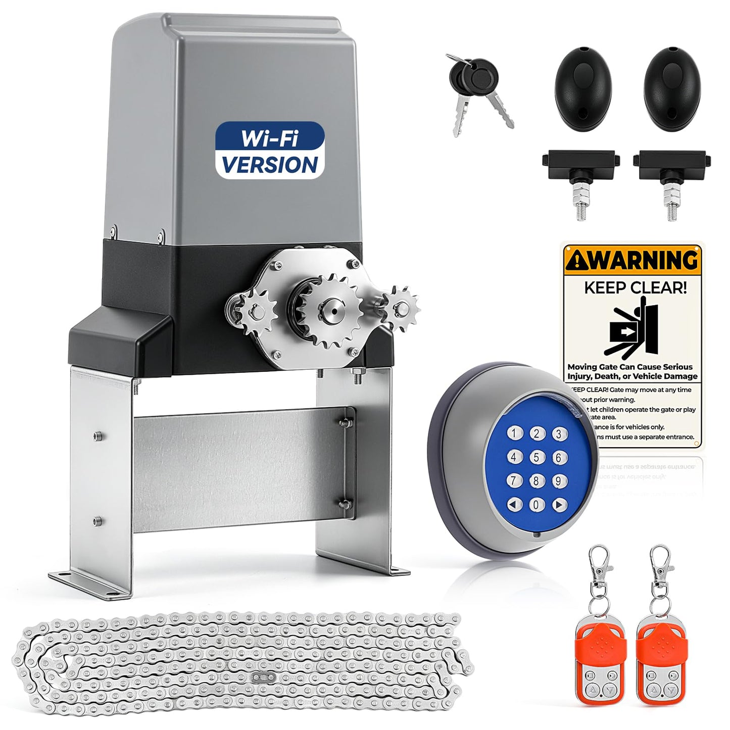 Hanchen WiFi App, Remote, & Keypad Controls – 5300lb Heavy Duty Sliding Gate Opener, AC Powered No Solar Needed, Chain Drive, 1-5/8HP Motor, IR Sensor Kit for 40ft Gate