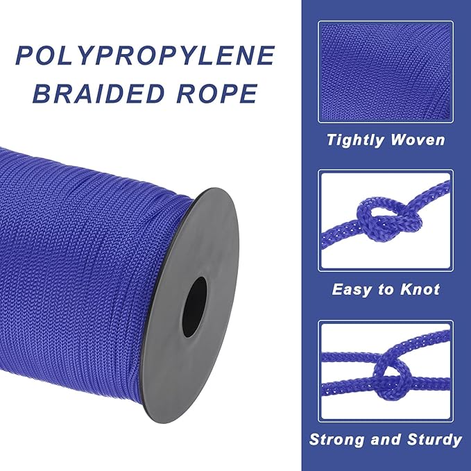 MECCANIXITY 1/8 Inch Polypropylene Rope Braided Ropes, 328ft Nylon Rope Hollow Utility Cord for Clothesline, Camping, Hiking, Outdoor, Dark Blue