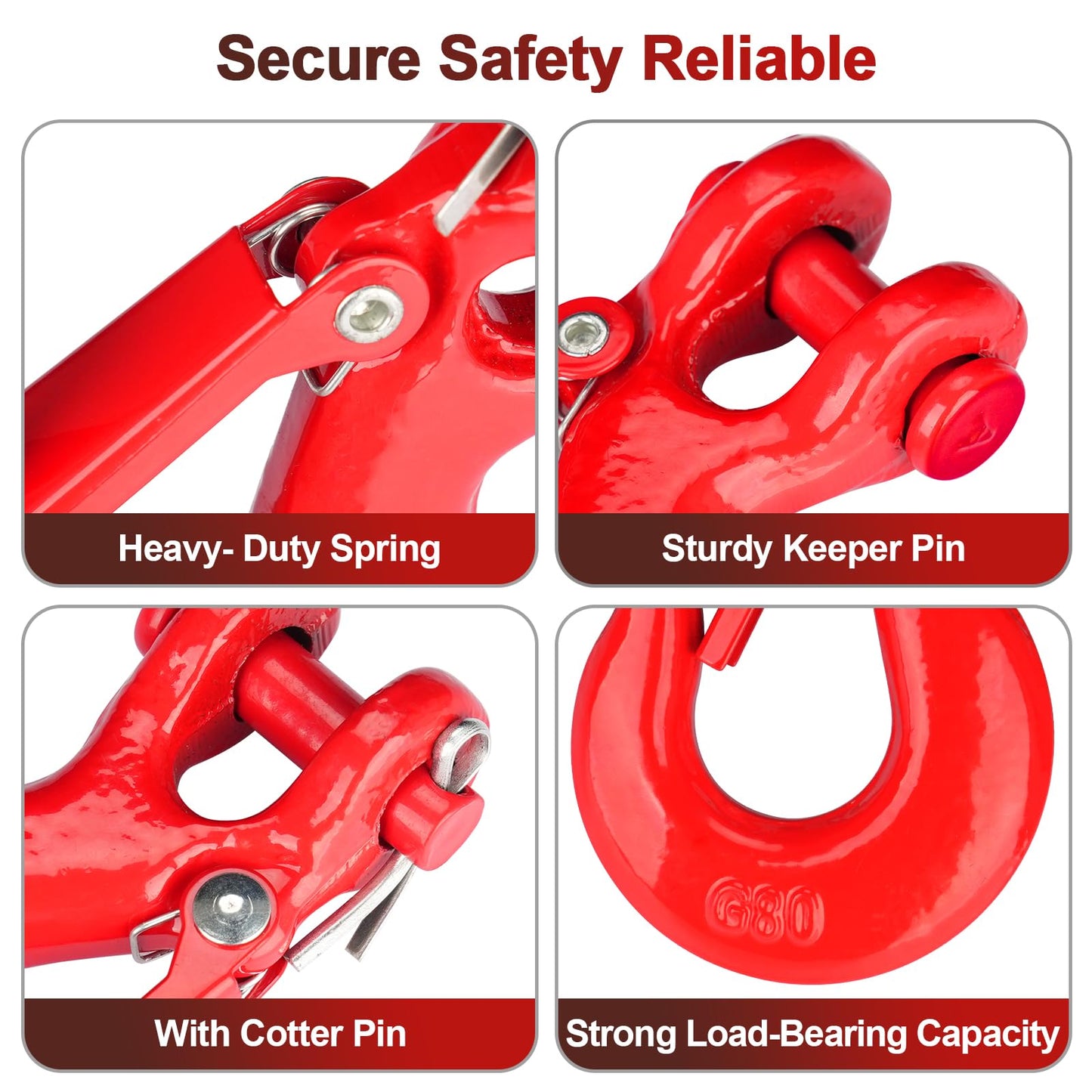 Lechansen G80 Clevis Slip Hook, 5/16" Chain Hooks with Safety Latch, Heavy-Duty Winch Hook, Grade 80 Forged 4 Pack Transport Tow Hook for Maximum Strength Load 18,800 Lbs