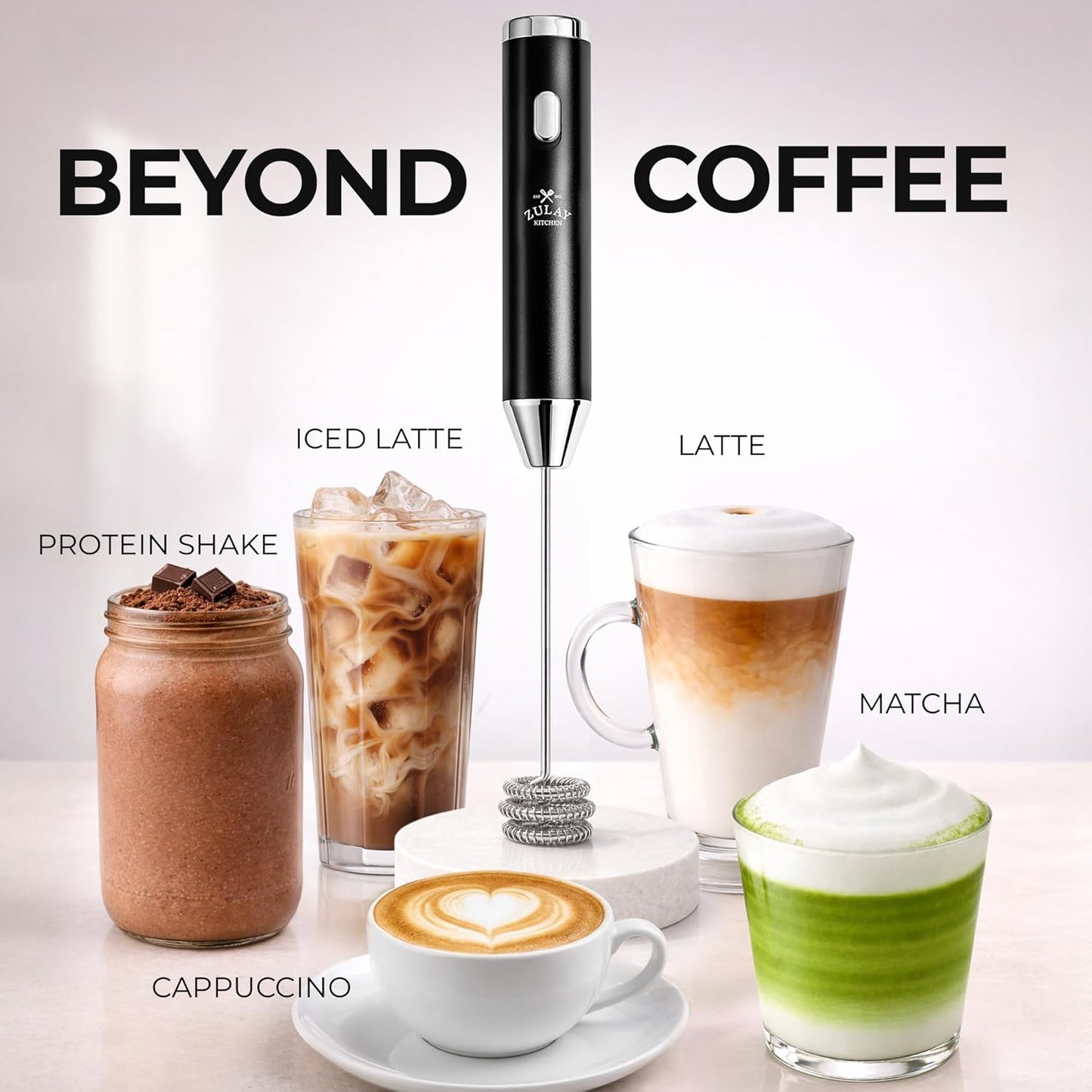 Zulay Kitchen Rechargeable Milk Frother - Handheld Electric Mixer with 3 Whisk Attachments | USB-C Charging, Lasts 6 Months