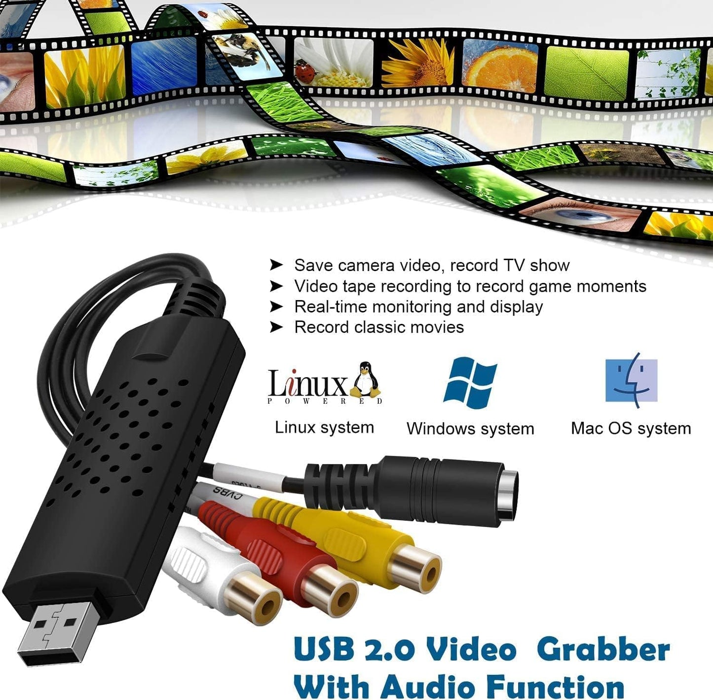 Flsazrx Hi8 Capture Card, USB Video Capture Card Device, Audio Video Converter Grabber for RCA to USB-Convert VHS Mini