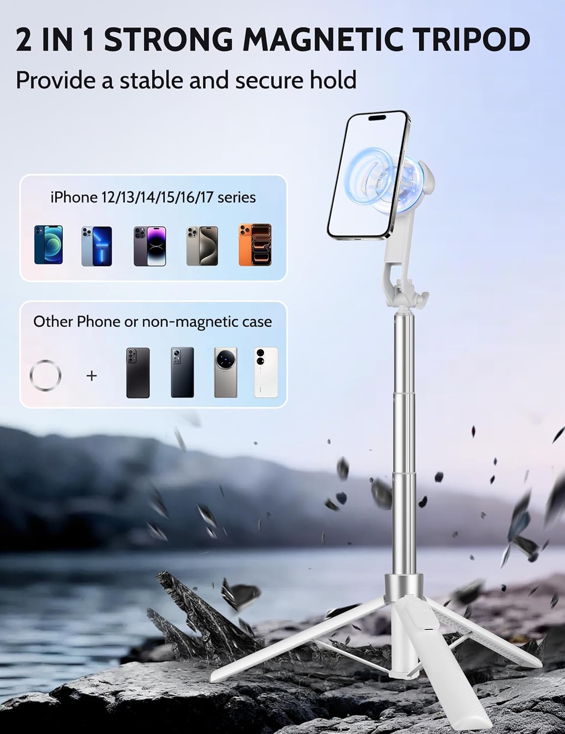 68" Magnetic Tripod for iPhone Magsafe, Phone Tripod & Selfie Stick with Rechargeable Remote for iPhone/Android/Camera