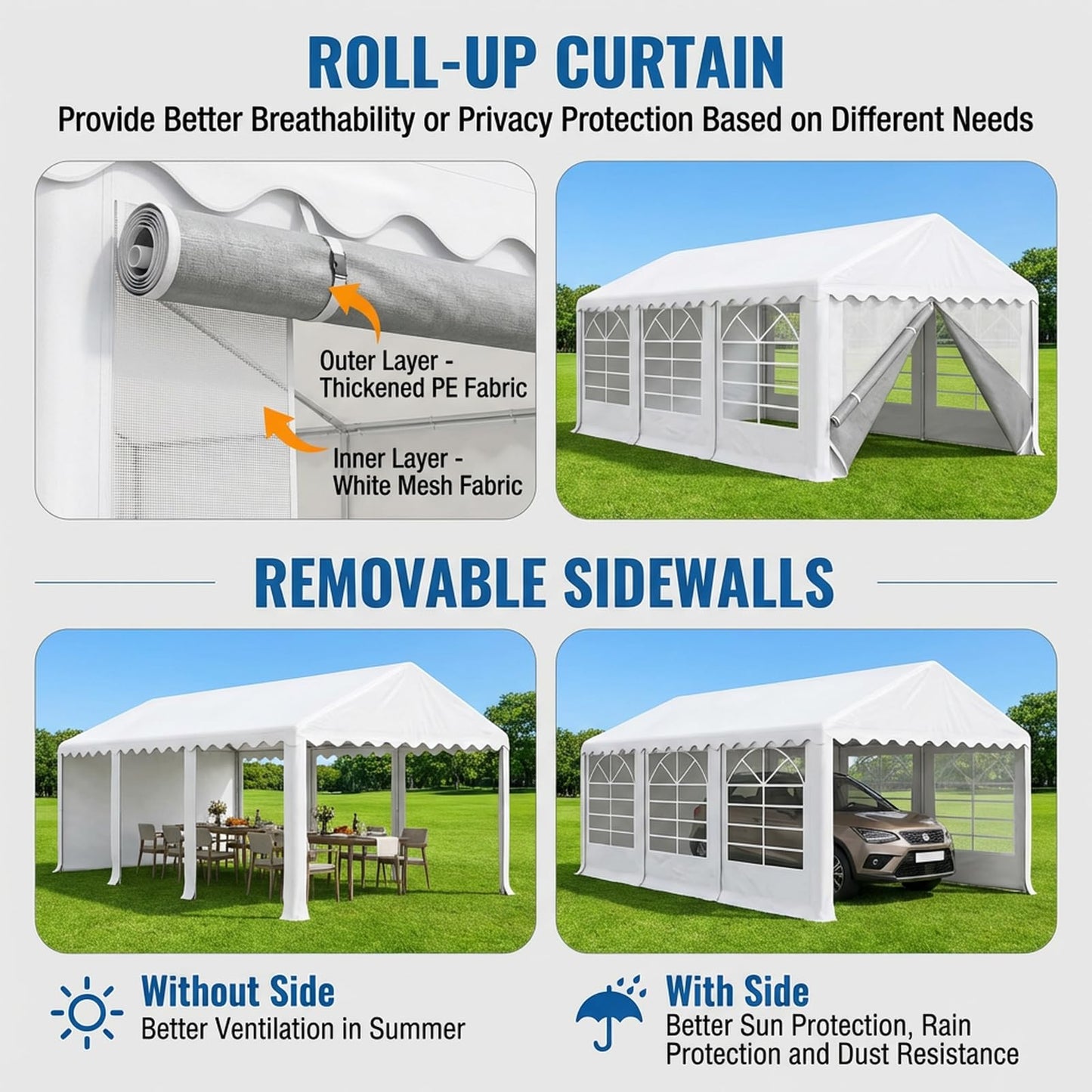 Heavy Duty Party Tent, 20x20FT, Folding Carport Canopy with Galvanized Steel Structure, Roll-Up Windows & Doors, Outdoor Portable Garage with Removable Sidewalls for Car, Boat, Truck, Motorcycle