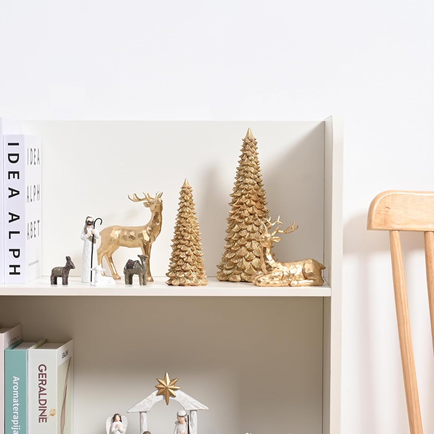 AOMOONOA Gold Christmas Tree Figurines - 2Pcs Resin Glitter Tabletop Decor | Small Xmas Trees Set