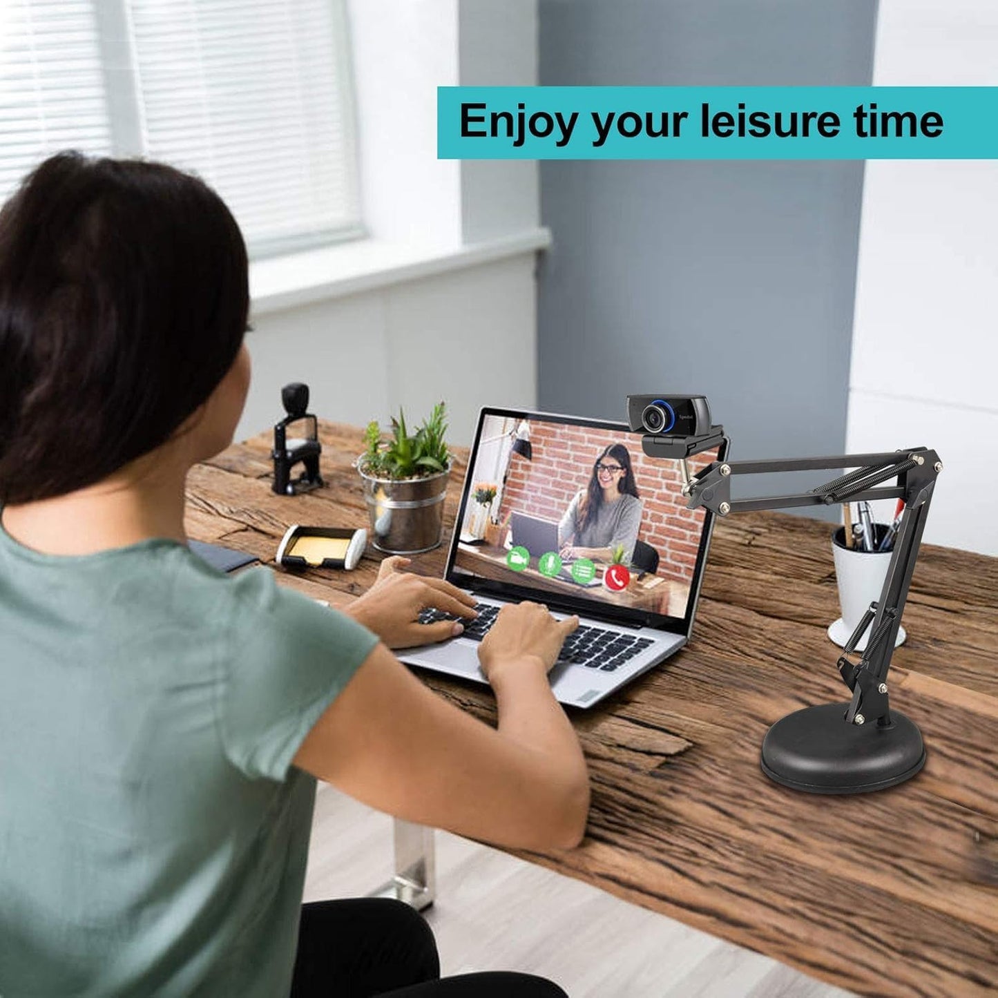 Spedal 1/4" MF920Pro, Desktop Webcam Stand with Weighted Round Base, Adjustable Scissor Arm Camera Mount with Phone
