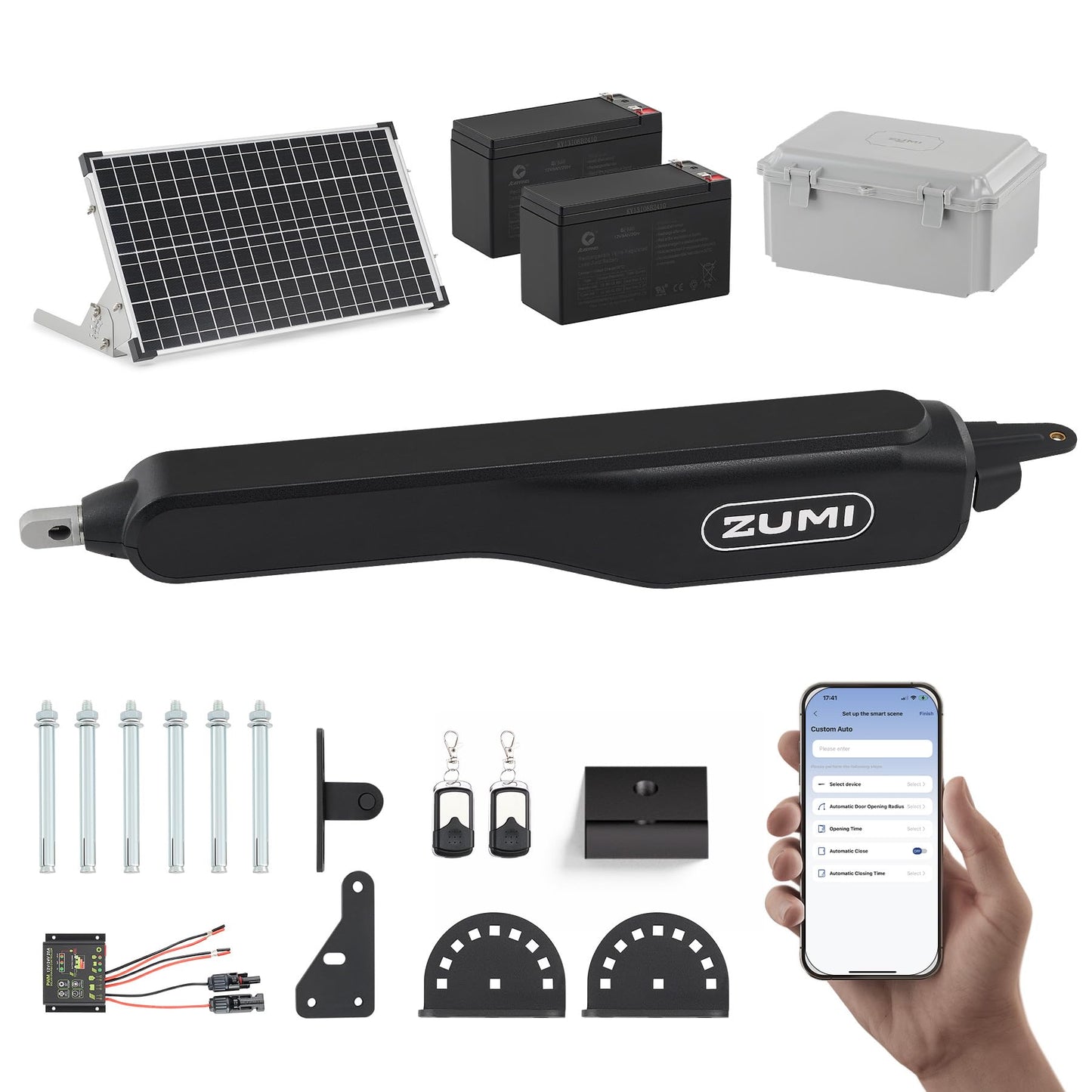 ZUMI Smart Solar Gate Openerfor Gates up to 1100lb 20ft, App Control Swing Gate Opener Electric Gate Opener Automatic Gate Opener with Remote Control for Home Driveway Garden