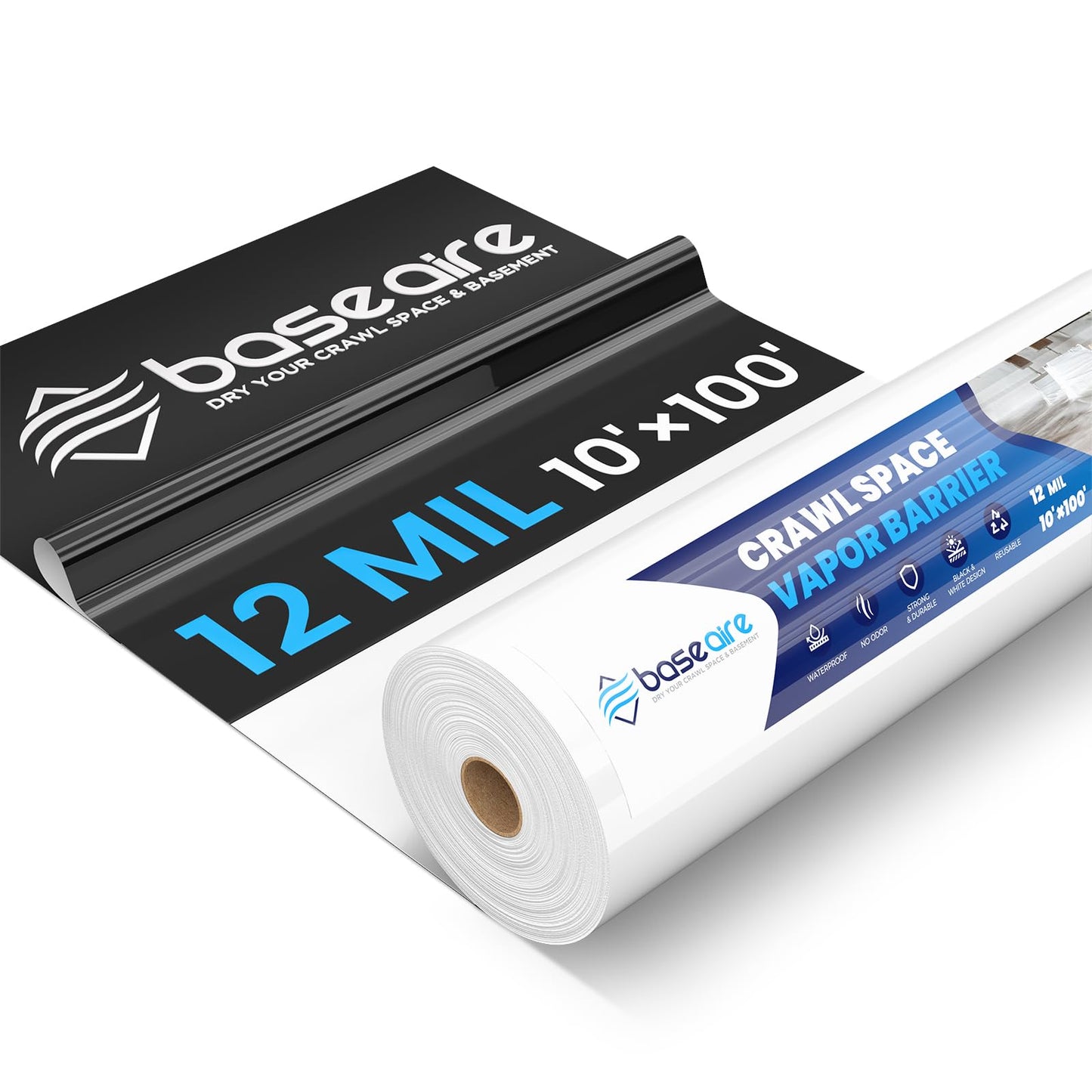 BaseAire Crawl Space Vapor Barrier, 12mil Film, 10'x100', Vapor Barrier Plastic for Basement, Crawlspace Encapsulation, Thick Plastic Sheeting, Black and White Panda Film
