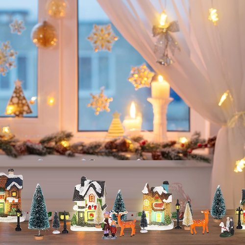 Gerrii Christmas Village Figurines Set - 31 Pcs Lighted LED Houses & Snow Blanket for Festive Decor