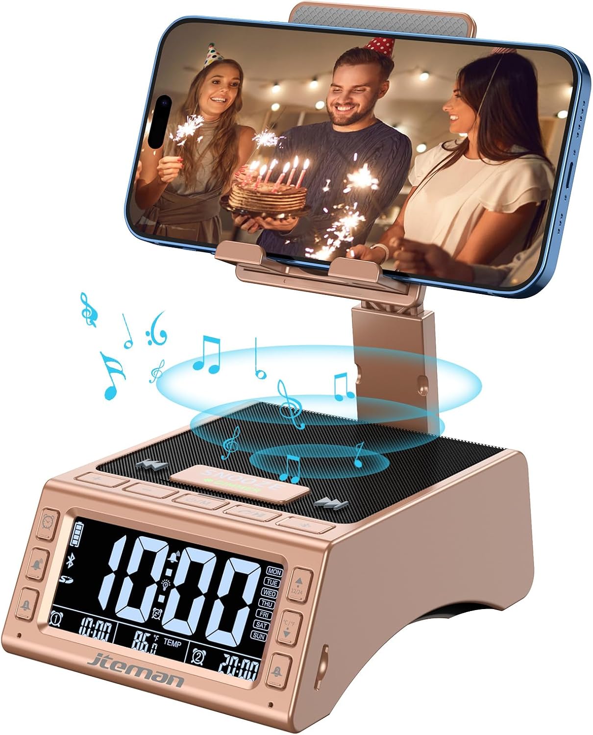 JTEMAN Gifts for Men Women,Cell Phone Stand with Wireless Bluetooth Speaker,Adjustable Cool Tech Kitchen Gadgets,Unique