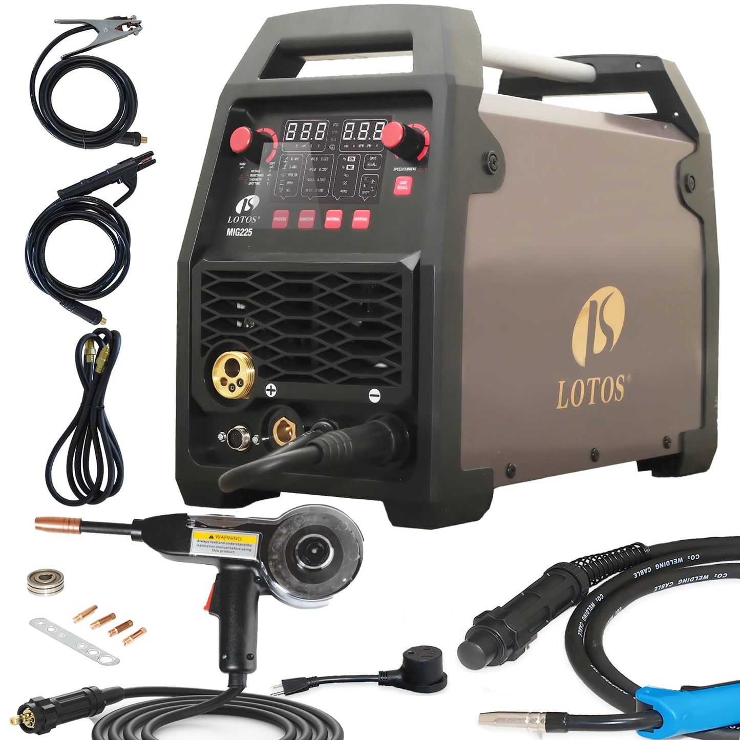 LOTOS MIG225SP MIG Welder with Aluminum Spool Gun, 225A 110/220V, 6 in 1 Gas MIG, Spool Aluminum, Gasless Flux Core, Stick, Lift TIG, Spot, Multi Process Welding Machine Auto Synergistic Setting