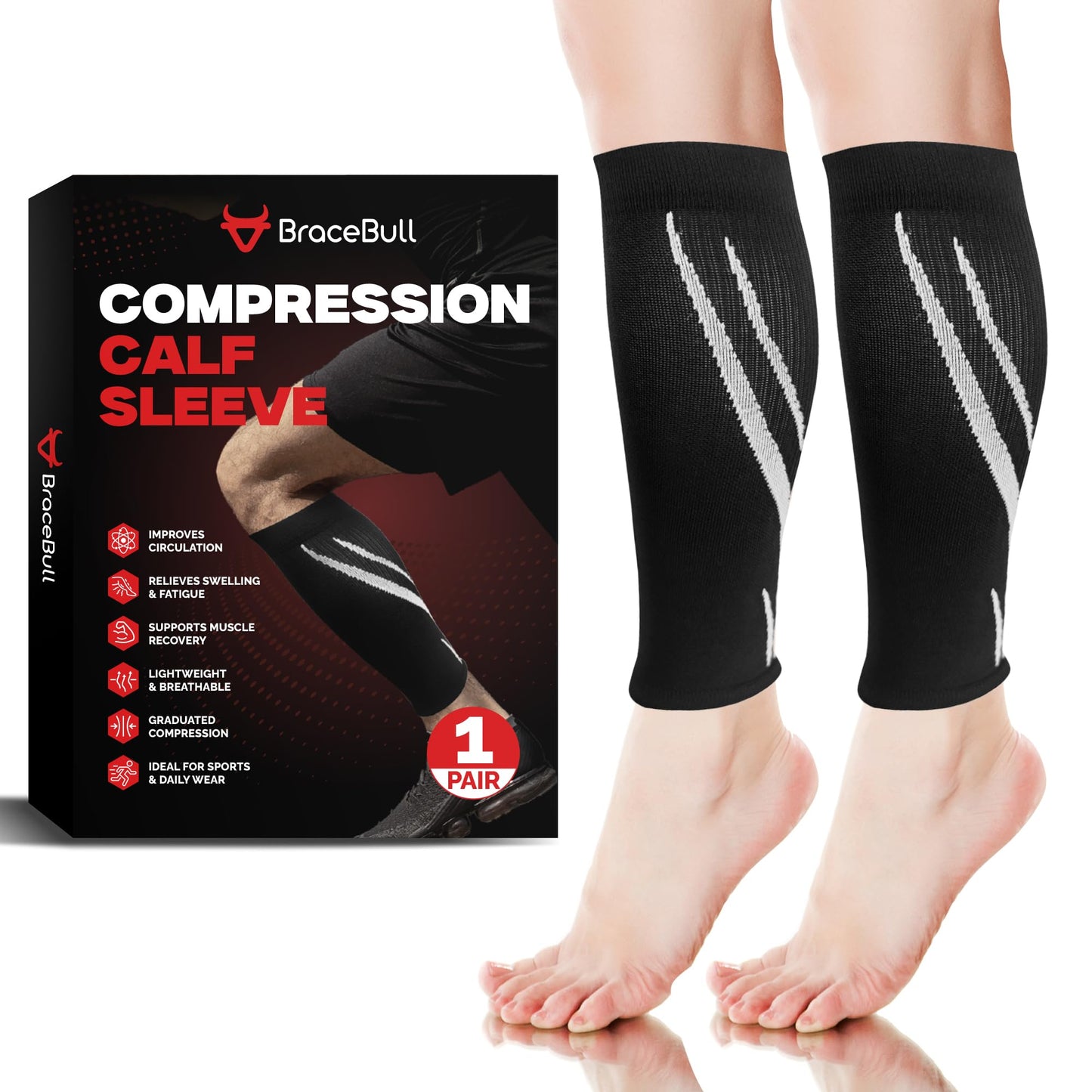 BraceBull Calf Compression Sleeves for Men & Women (1 Pair), Footless Compression Socks for Leg Support, Shin Splints, Running, Fitness, Travel, Breathable Nylon & Spandex Calf Sleeves, Black, S/M