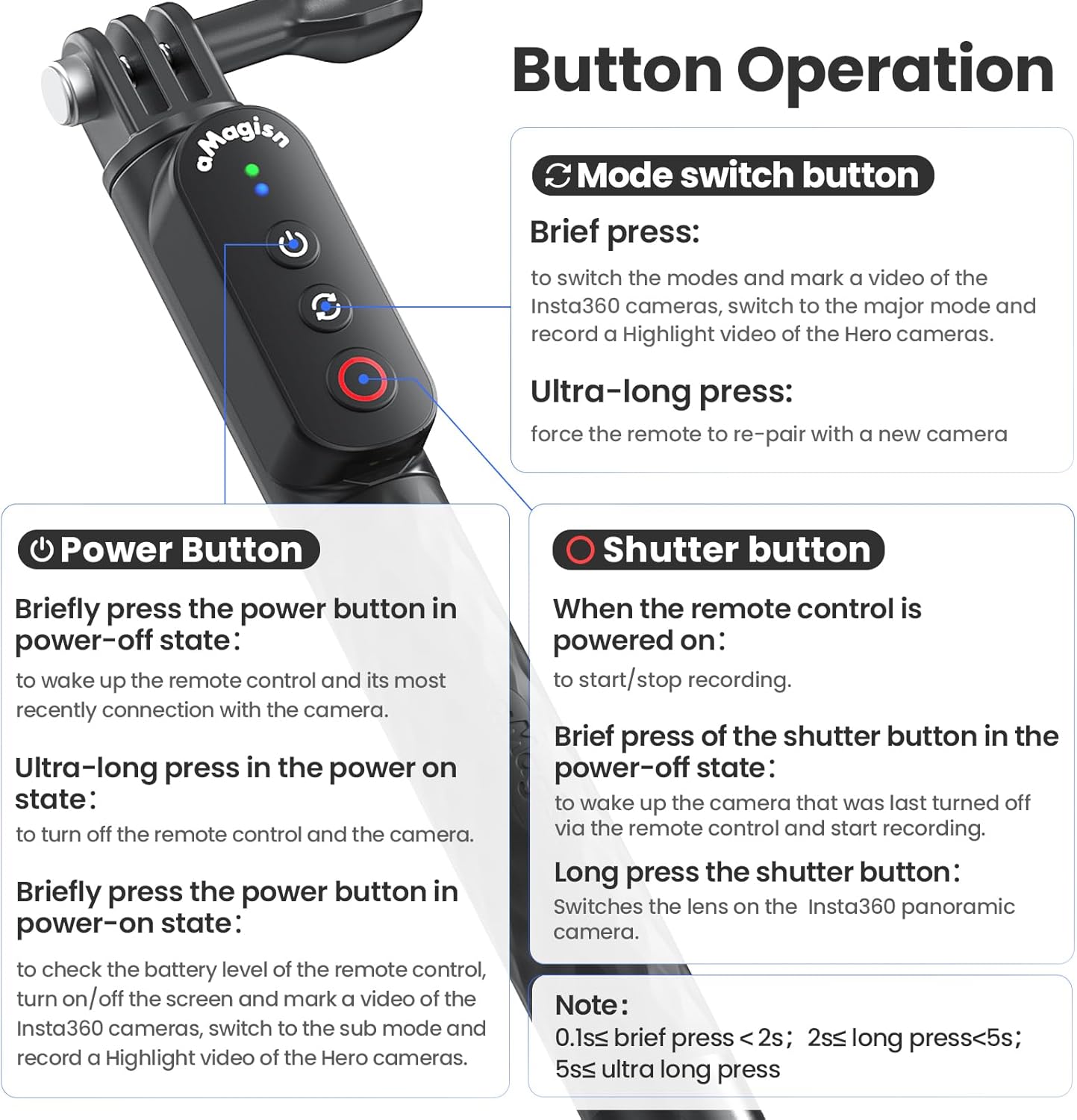 Aovee 100CM Insta360/Gopro Remote Control Selfie Stick Rechargeable Waterproof Stretchable Compatible with Action