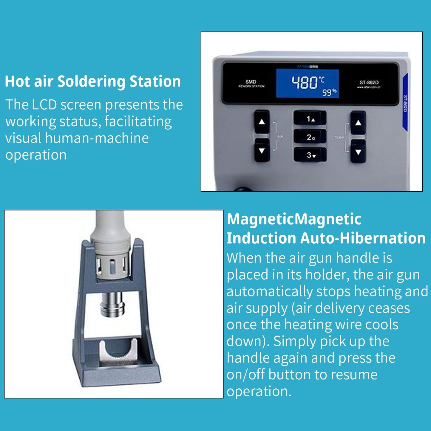 Hot Air Rework Station, ATTEN ST-862D 1000W Hot Air Station, Hot Air Soldering Station of the Desoldering Gun can be used for BGA Chip Soldering, Repair Digital, Air Volume Adjustment Range 1-120