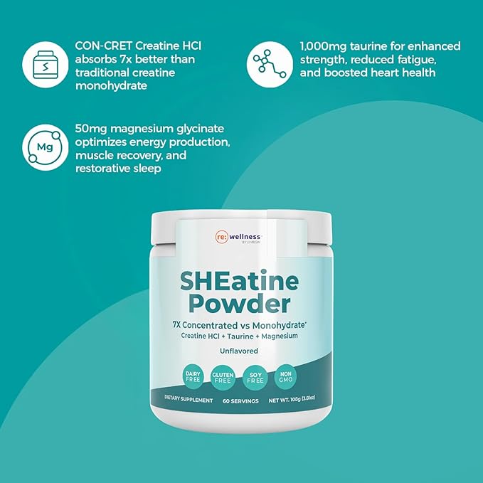 Reignite Wellness by JJ Virgin | SHEatine Powder | Creatine Trifecta for Powerful Aging | Creatine HCL, Taurine & Magnesium Glycinate | Unflavored 60 Servings