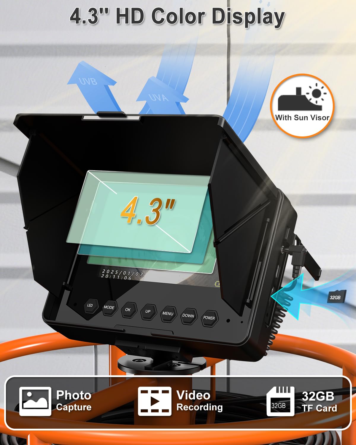 Sewer Camera, IP68 Drain Sewer Pipe Endoscope Camera 4.3" Screen with 32GB DVR,Borescopes Plumbing 8500mah Battery DVR Video Recording for Plumber (Camera 18MM)