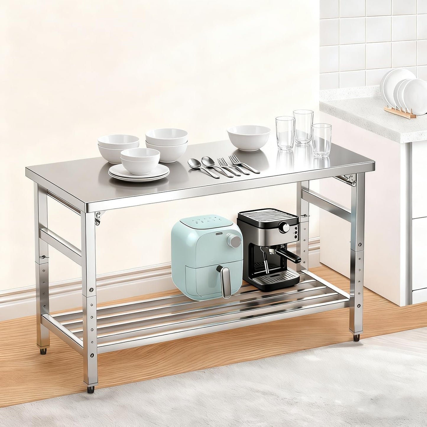 Mioleu Commercial Foldable Heavy Duty Stainless Steel Table, 36 x 24 Inches Metal Prep & Work Desk with Adjustable UnderShelf and Feet for Kitchen Restaurant Home Garage Warehouse