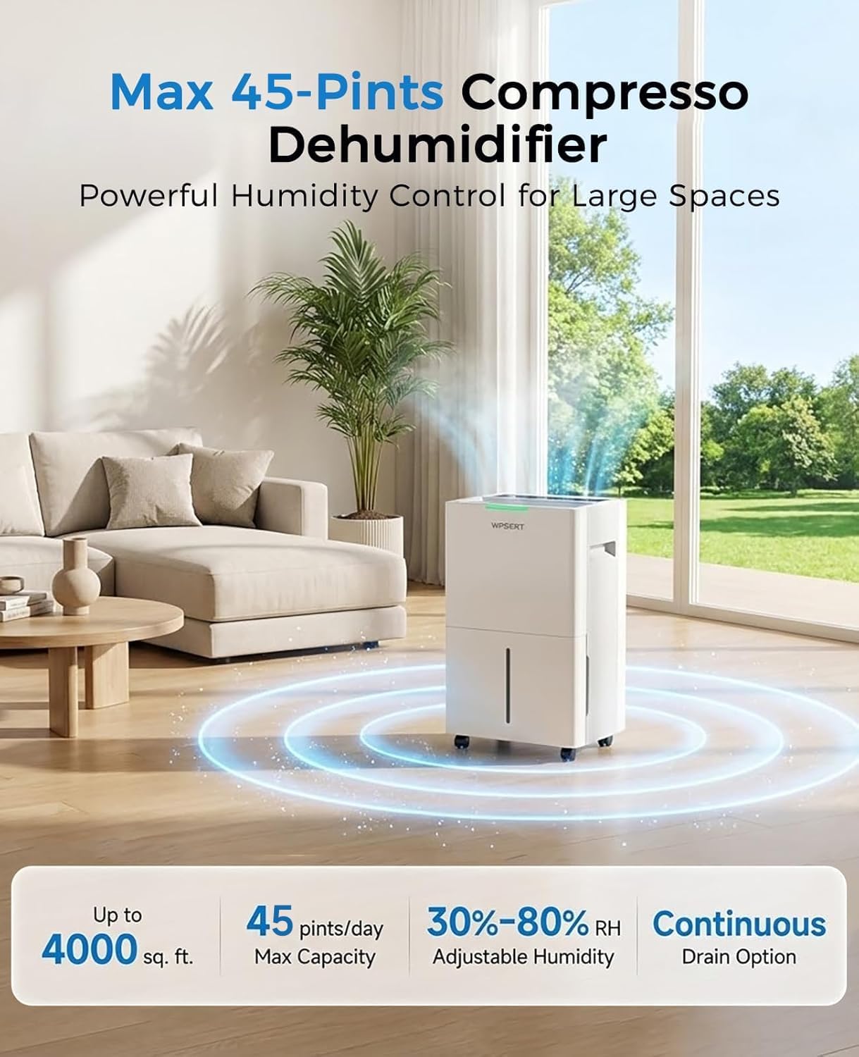 4000 sq.ft Dehumidifier for Basement with Drain Hose, 45 Pint Dehumidifiers for Home, Smart Compressor Dehumidifies for Large Room, Bedroom, 3 Modes, Intelligent Humidity Control, Auto