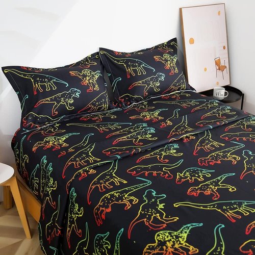 ADASMILE Twin Dinosaur Bedding Set - 100% Microfiber with Pillowcase & Deep Pocket Fitted Sheet