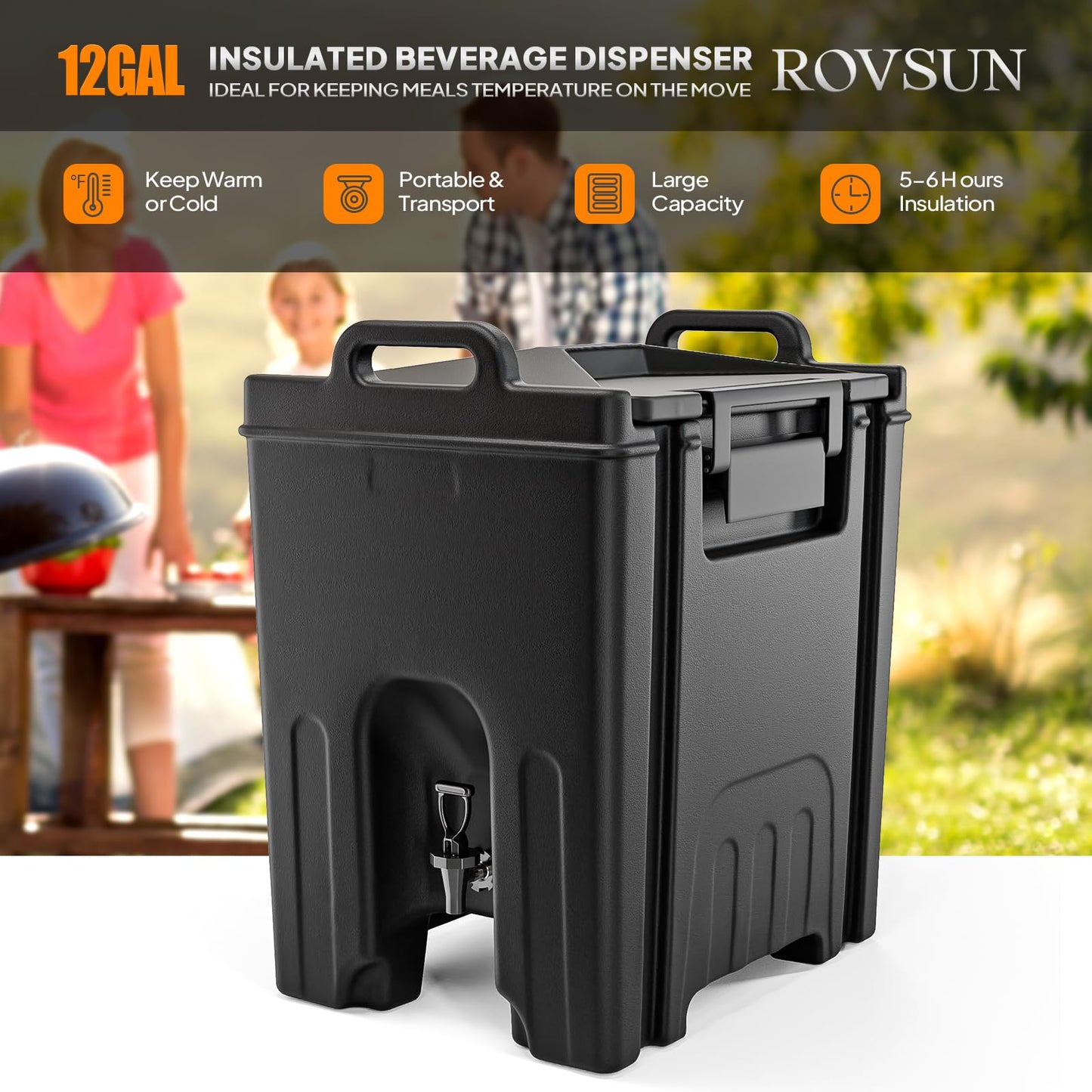 Bonnlo 12 Gallons Insulated Beverage Dispenser, Food-grade LLDPE Cold and Hot Drink Dispenser with Faucet, Handles, Beverage Server Keep Coffee Warm, Drink Container Cooler for Catering Party, Black