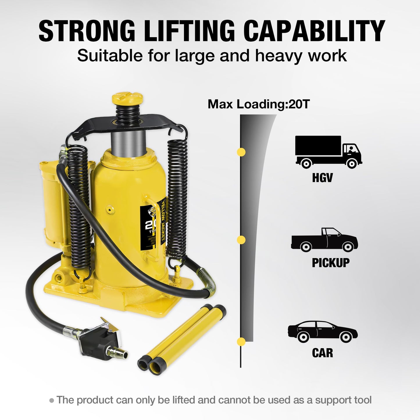 YELLOW JACKET 20 Ton Pneumatic Bottle Jack – Heavy-Duty Air/Hydraulic Lift for Trucks & Autos, Manual & Air Pump Operation, Yellow