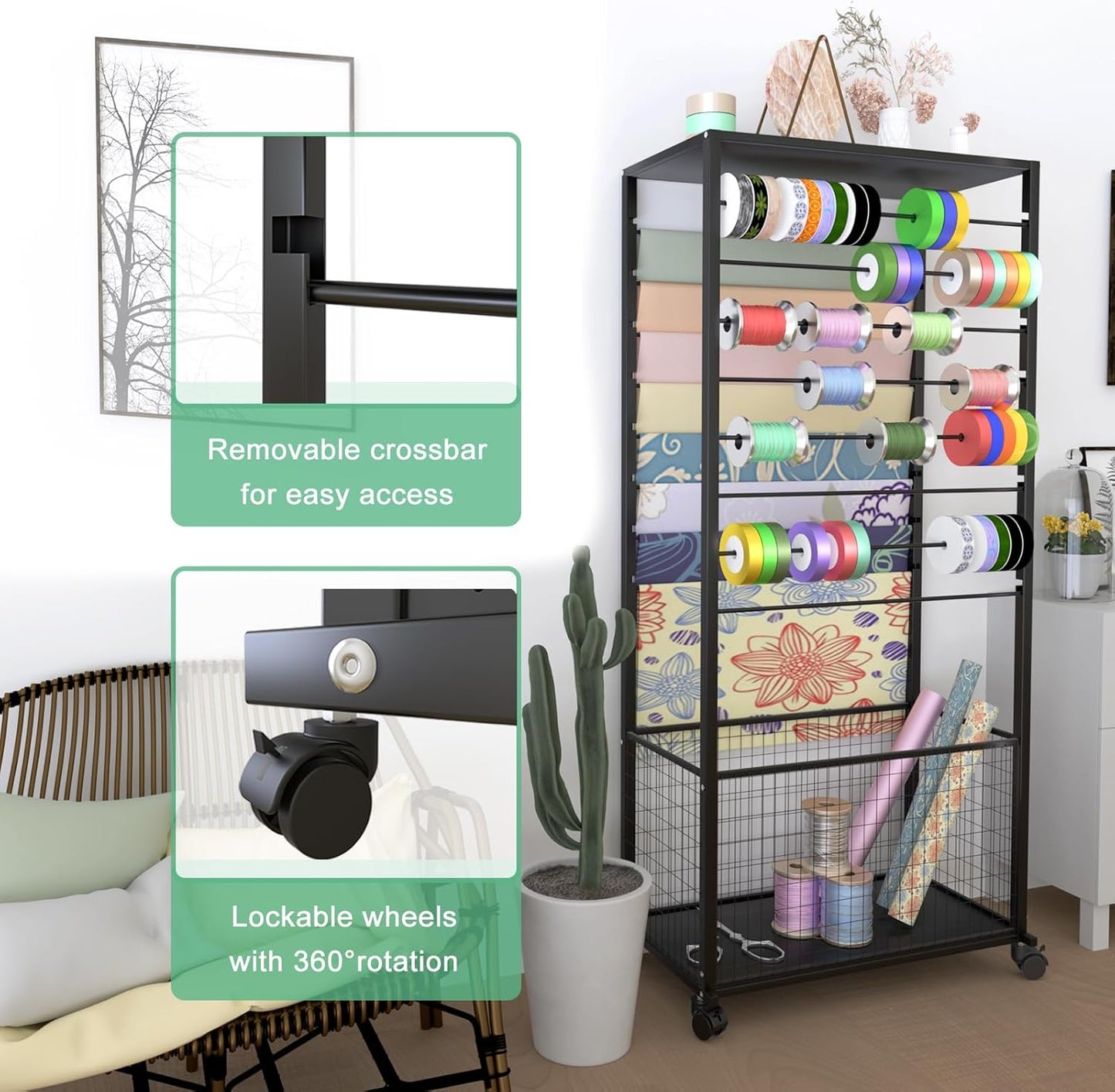 Skiennix 16-Tier Ribbon Organizer Rack - Double-Sided Storage Holder with Wheels for Craft Room