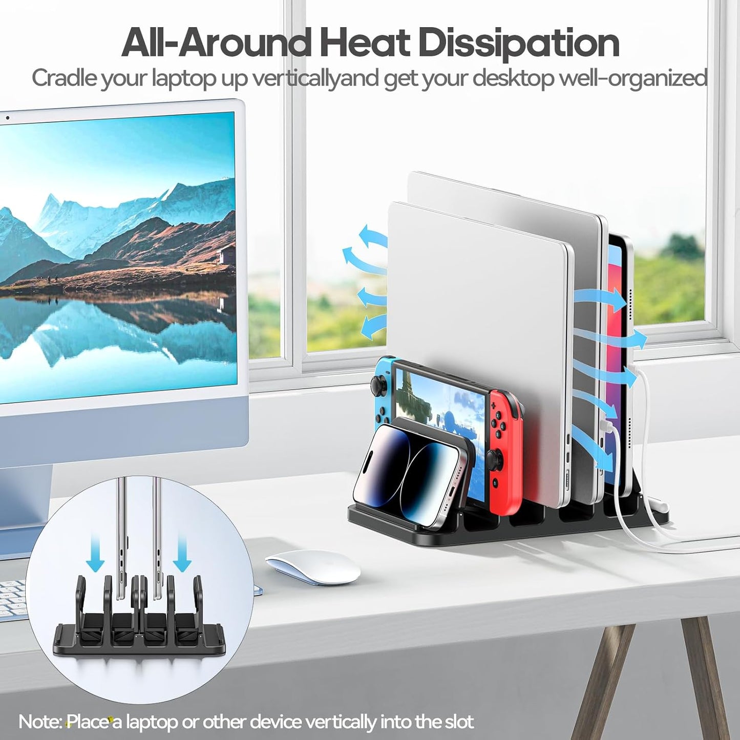 KDD 4-Slot 6-in-1 Vertical Laptop Stand with Gravity Locking, Laptop Holder Desktop Stand, Space-Saving Organizer Fits