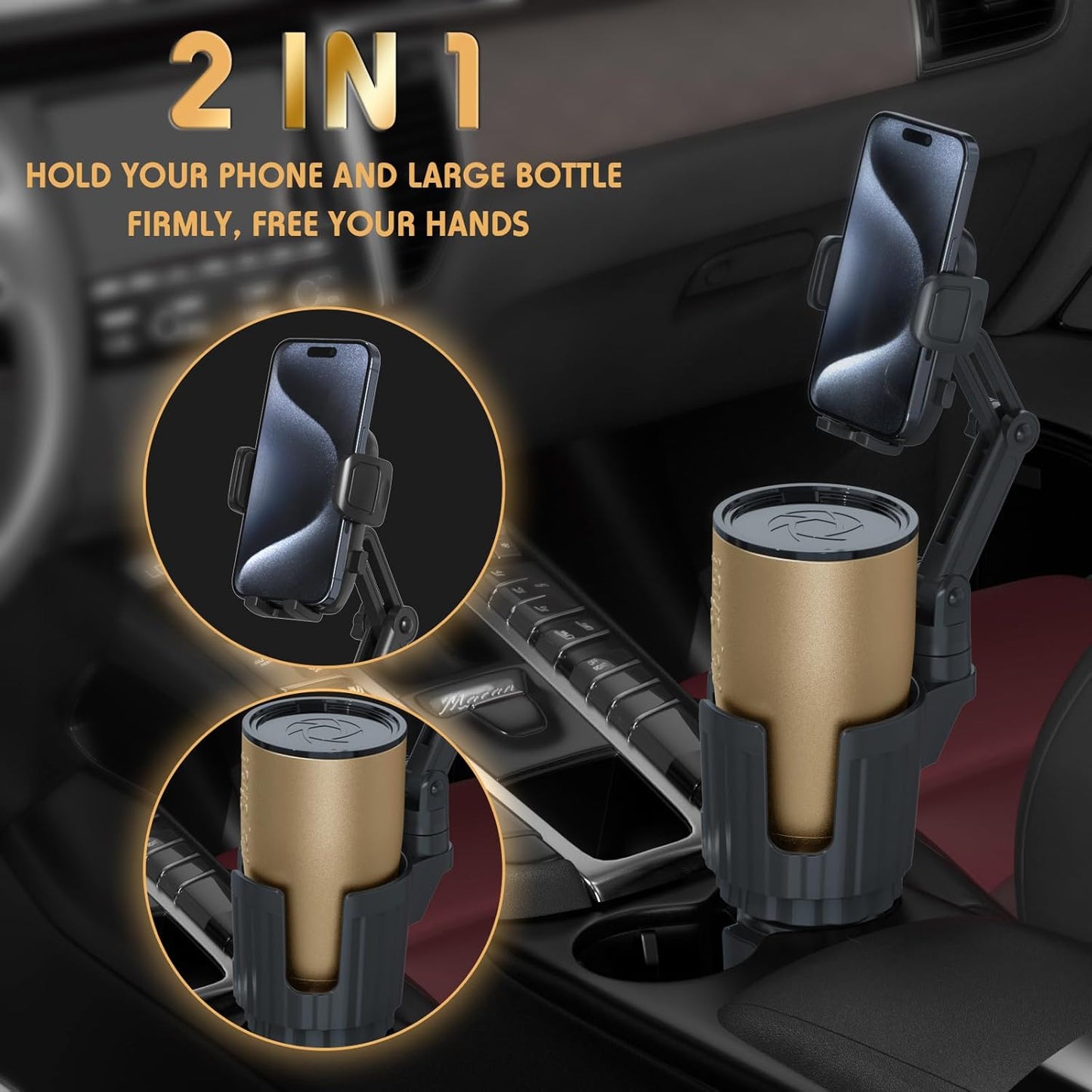 2 1 360Rotation Phone Holders for Your Car, in Universal Cup Holder Expander Adjustable Base with Phone Mount, Long Arm