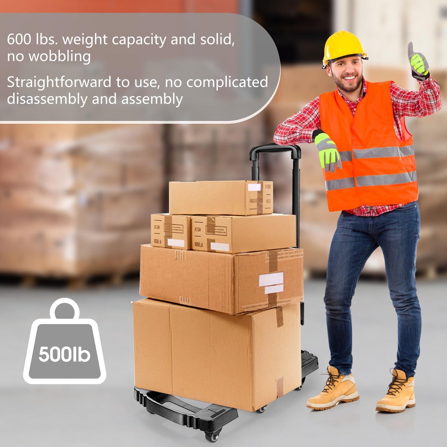 Voipvvii Folding Hand Truck 500lbs, Portable Heavy Duty Dolly Cart, 6 Wheels Collapsible Luggage Cart with 2 Elastic Ropes - Compact Trolley Cart for Easy Moving - Ideal Hand Cart for Travel and More