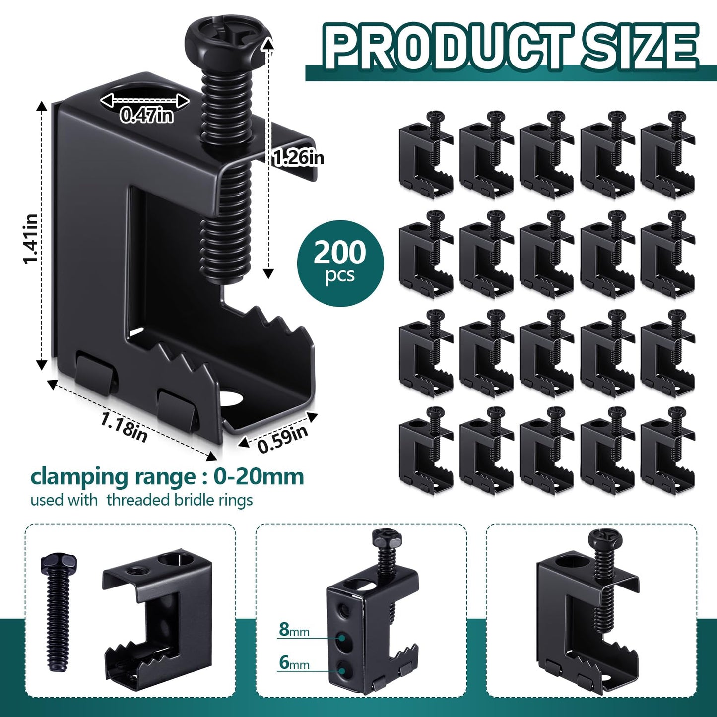 Tandefio 200 Pcs 1/4"-20 Spring Steel Beam Clamps Metal Beam Hangers Bolt on Clamp for Installation on Beams 1/4" and 3/8" Threaded Rod, S Hooks Bridle Rings for Pipe Cable Woodworking Tool (Black)