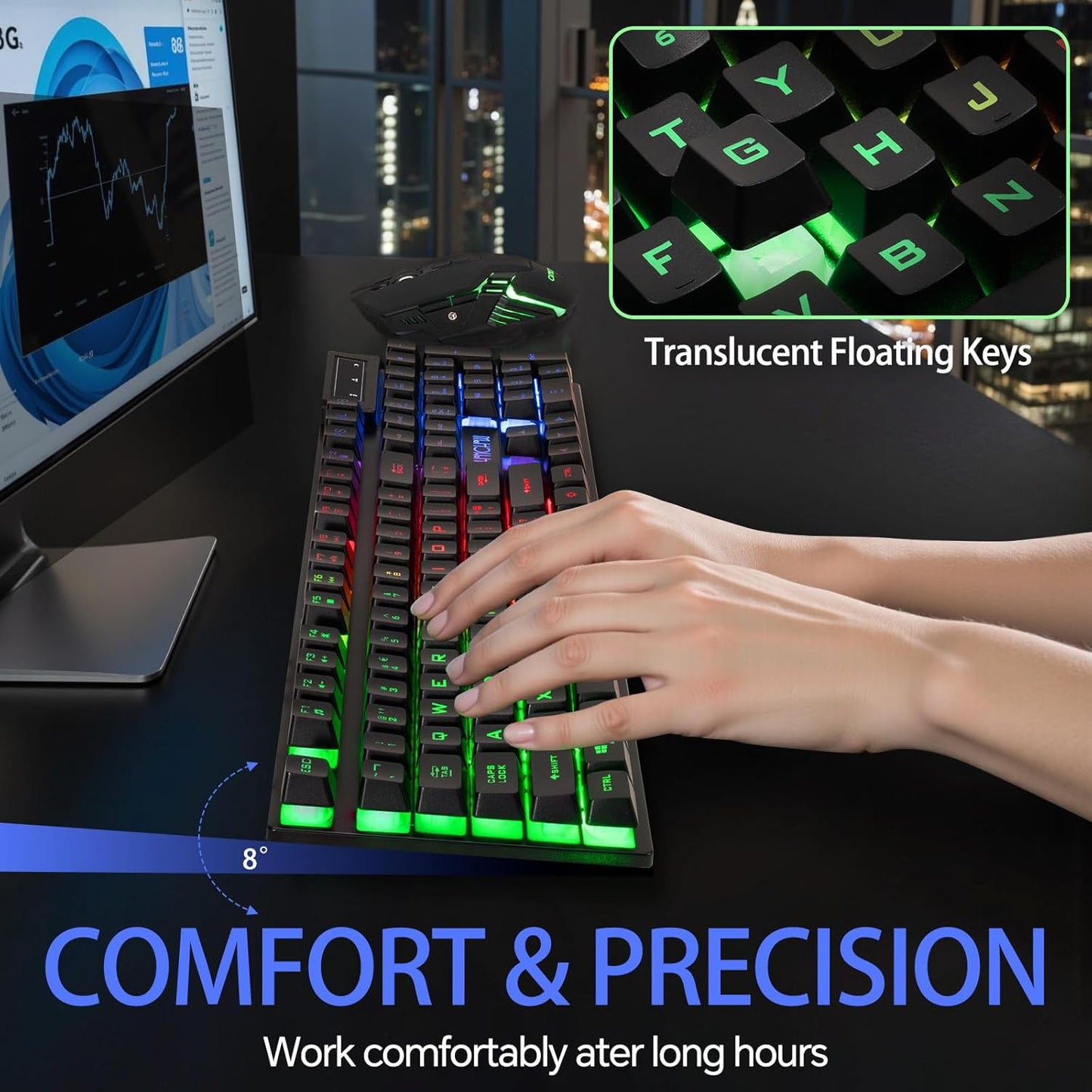 CHONCHOW 2.4G Wireless Keyboard and Mouse Combo - Rechargeable USB Rainbow LED Backlit Wireless Gaming