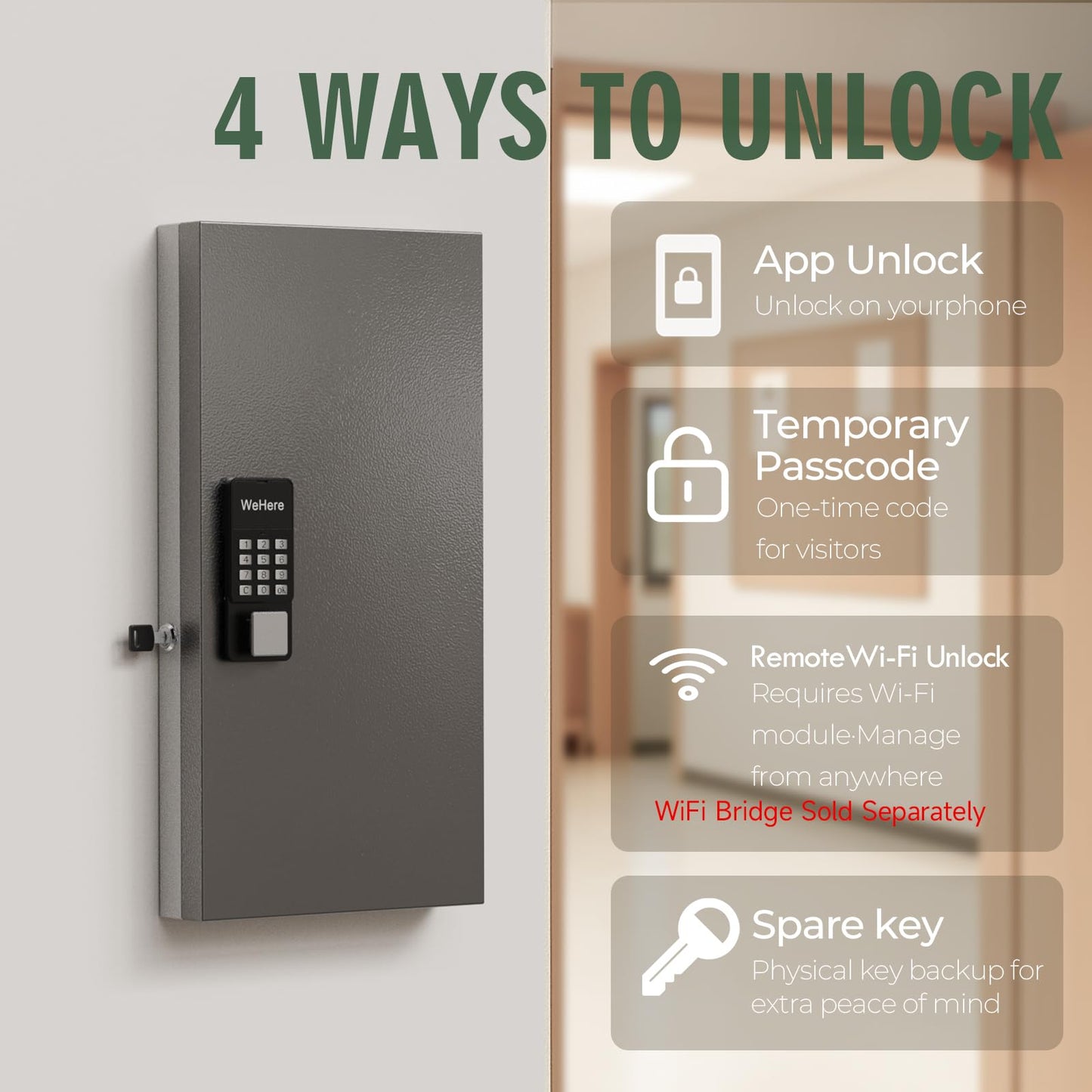 WeHere 48-Key Smart Key Lock Box Wall Mount – Commercial Key Cabinet with App, Keypad, Bluetooth & WiFi Unlock (Sold Separately), Access Log Tracking, Key Management System for School, Rental, Office