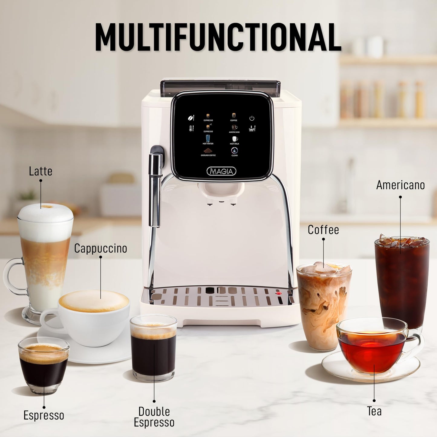 Zulay Kitchen Magia Clasica Automatic Espresso Machine with Built-In Grinder, Touch Panel Coffee Maker, Steam Wand Milk Frother, Adjustable Strength, Self-Cleaning, Cream & Silver (13" x 17.7" x 9.4")