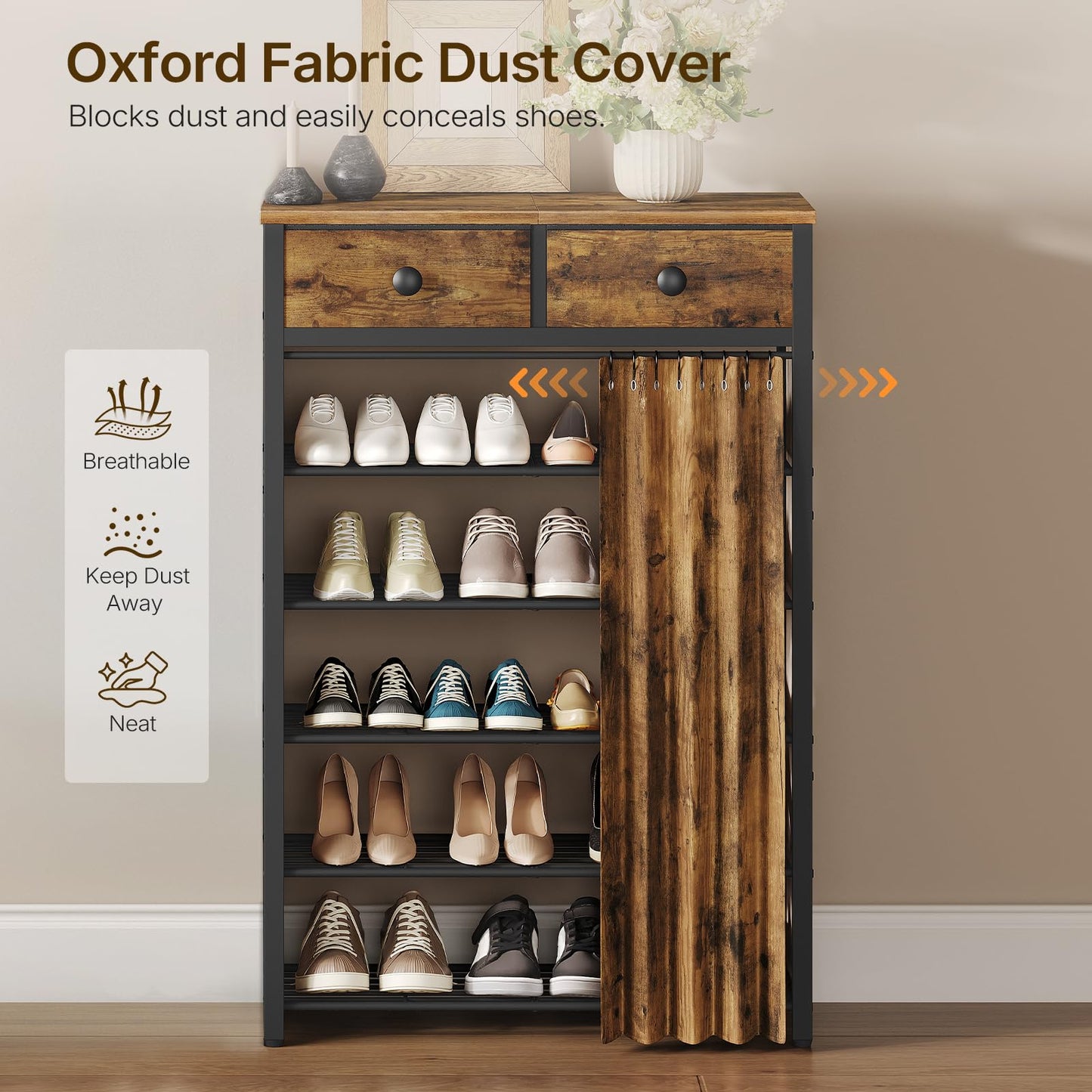 YATINEY 10-Tier and 6-Tier Shoe Rack with 2 Non-Woven Drawers, Entryway Shoe Storage with Dust Cover, Metal Shoe Organizer, Space Saving Shoe Cabinet, for Entryway, Closet, Hallway SS210BR-SS33BR